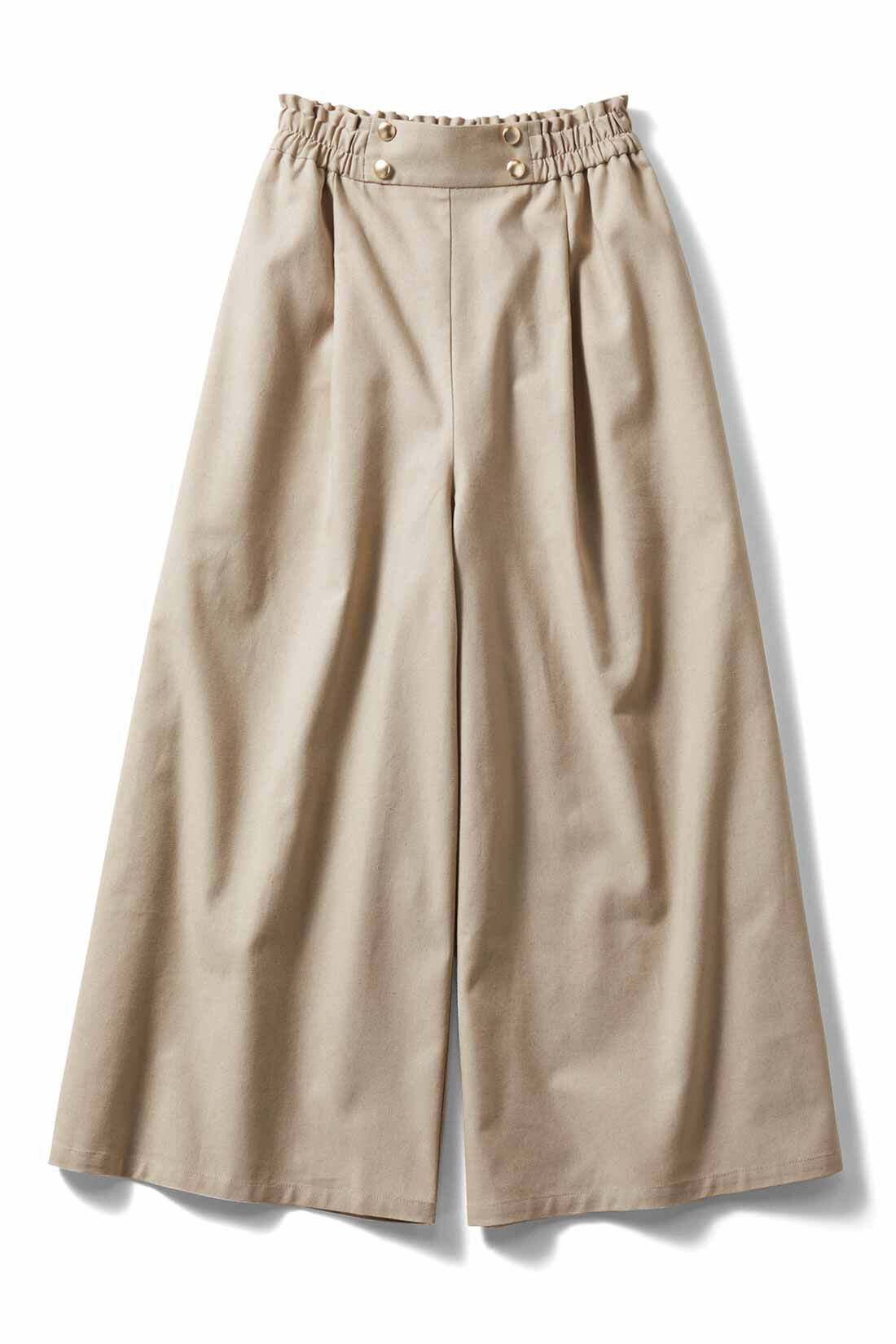Live in comfort［リブインコンフォート］|リブ イン コンフォート ゴールドボタンがキラリと上品な麻混ガウチョパンツ 〈フォレストグリーン〉|サンドベージュ