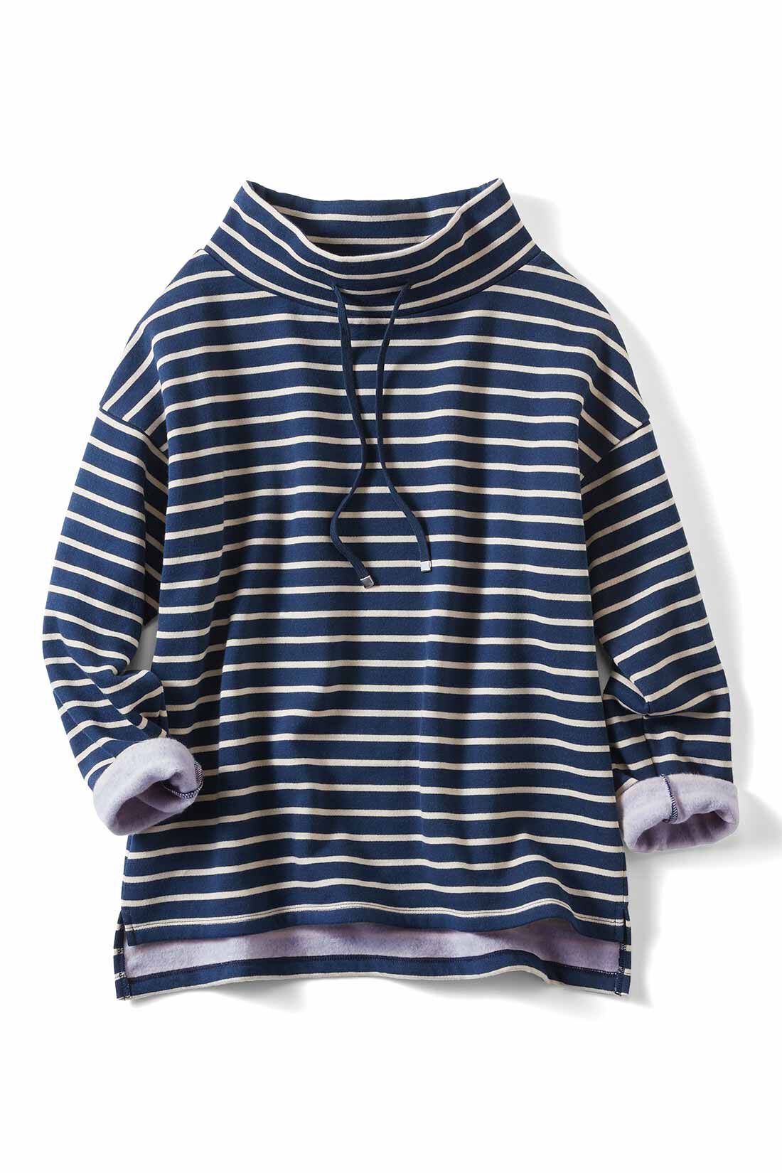 Live in comfort［リブインコンフォート］|Live love cottonプロジェクト リブ イン コンフォート 首もとまでぬくぬく 裏起毛までオーガニックコットン100％のフード風ボーダートップス〈ネイビー×ラベンダー〉