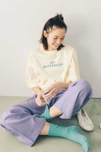 Live in  comfort | ５００色の色えんぴつ トルコオーガニックコットン 五分袖 Ｔシャツ 白 アイボリー