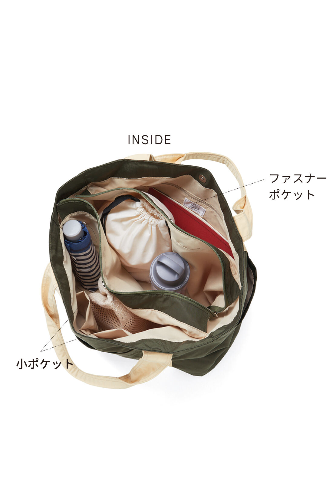 Live in comfort［リブインコンフォート］|リブ イン コンフォート 栞里ちゃんとつくった 3部屋構造で超大容量！ マルチ使いできるキャリーオンバッグ〈カーキ〉|大容量の3部屋構造+多彩なポケットで、整とん能力をアップ。マグネット仕様の間口がガバっと開き、明るい色の裏地だから、見渡しやすくて、取り出しやすい。