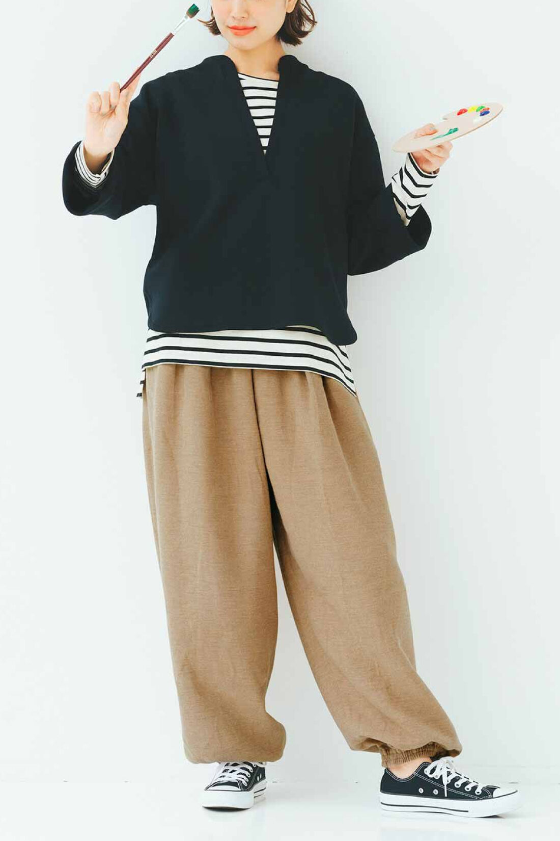 リブ イン コンフォート　動きやすくて暖かい！ ふわふわコットンネル起毛の裏ガーゼぽんわりパンツ〈チャコール杢〉