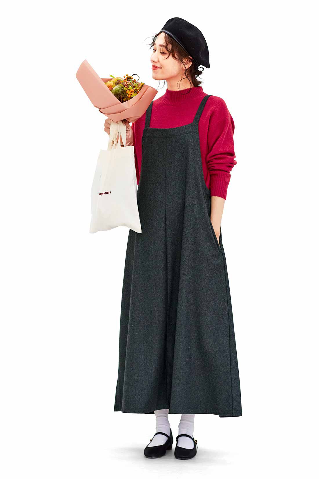 リブ イン コンフォート　シンプルライフ研究家 マキさんとつくった 裏ボアで暖か ざばっと着るだけ ウール混ジャンパースカート〈チャコールグレー〉