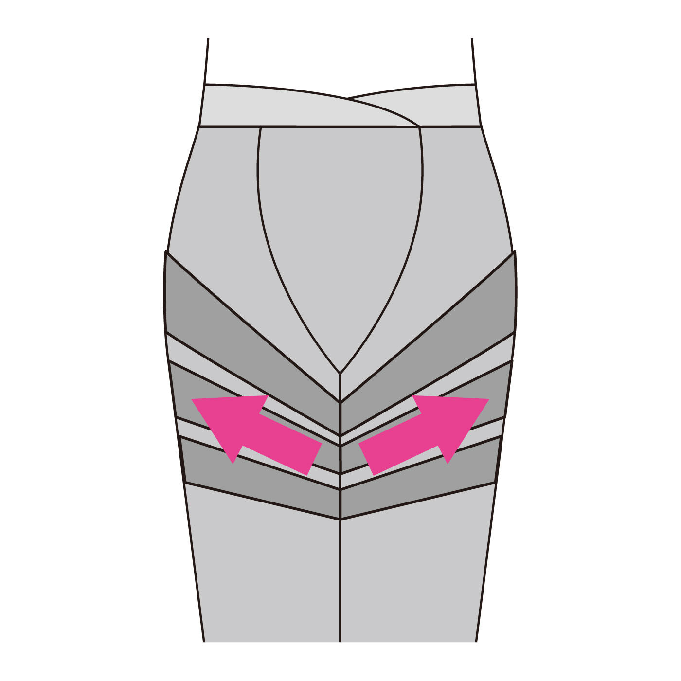 flufeel［フラフィール］|毎日トレーニング気分 はいて歩いて内ももほっそり ボトムの会|【正面】おなかは締め付けがないのでらくらく。内ももから外側にかけて筋肉の流れに対して逆方向に働きかけるパワーネットを配置。