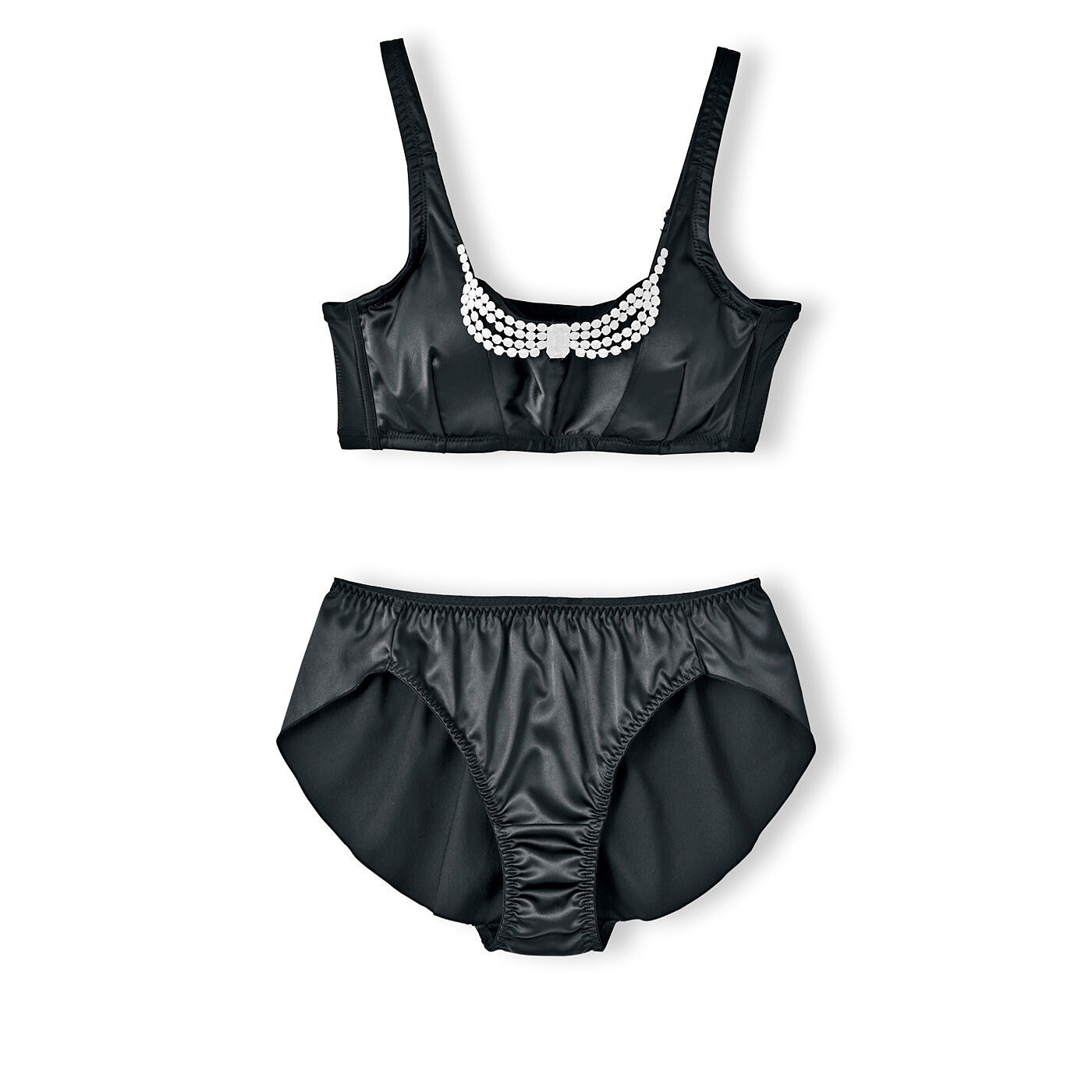 flufeel［フラフィール］|憧れのシネマヒロイン　ロマンティックなブラ＆ショーツ〈LL～3L〉の会|〈あこがれ〉シンプルな黒のドレスをイメージしたデザインに、まるでパールのような胸もとのレースが印象的。サテン生地が大人の魅力を引き立てます。