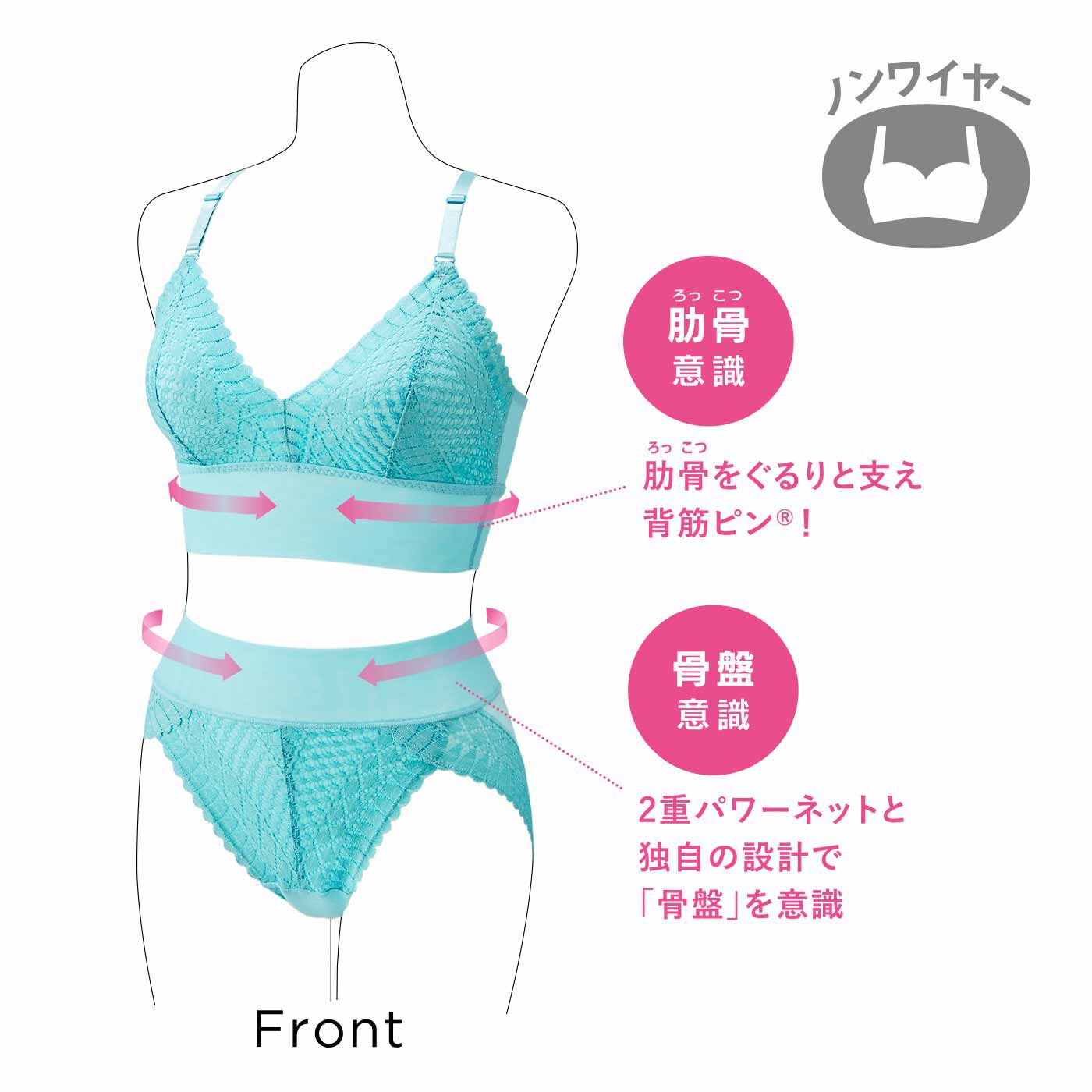 flufeel［フラフィール］|肋骨と骨盤をらくらく意識で 背筋ピン！ ヨガ気分ブラ＆ショーツ〈レース〉の会|肋骨をぐるりと支えて背筋ピン(R)！骨盤は2重パワーネットと独自の設計で意識。