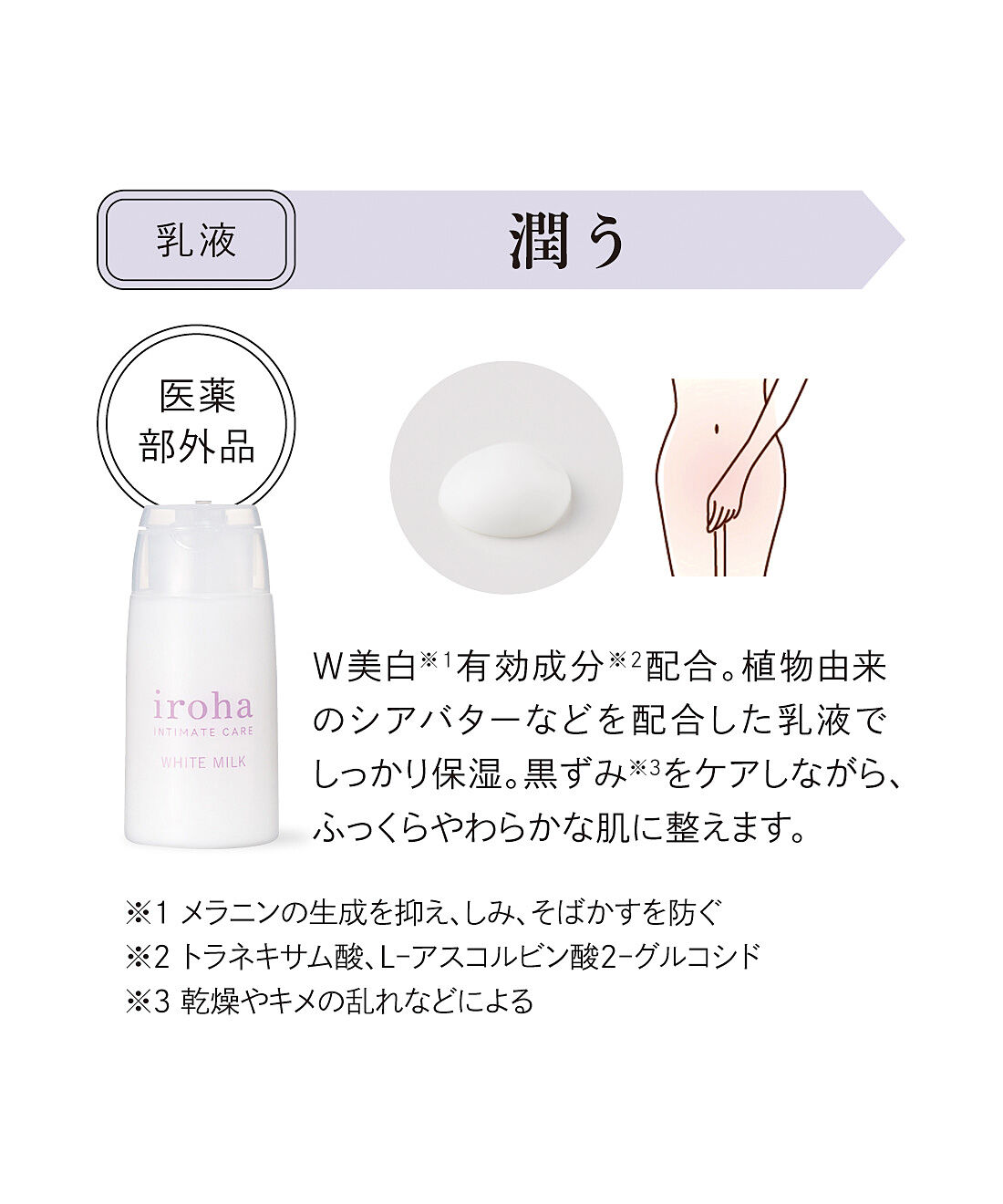 フェリシモの雑貨 Kraso|ｉｒｏｈａ　インティメートケア　トライアルセットの会|※1 メラニンの生成を抑え、しみ、そばかすを防ぐ　※2 トラネキサム酸、Lーアスコルビン酸2ーグルコシド　※3 乾燥やキメの乱れなどによる