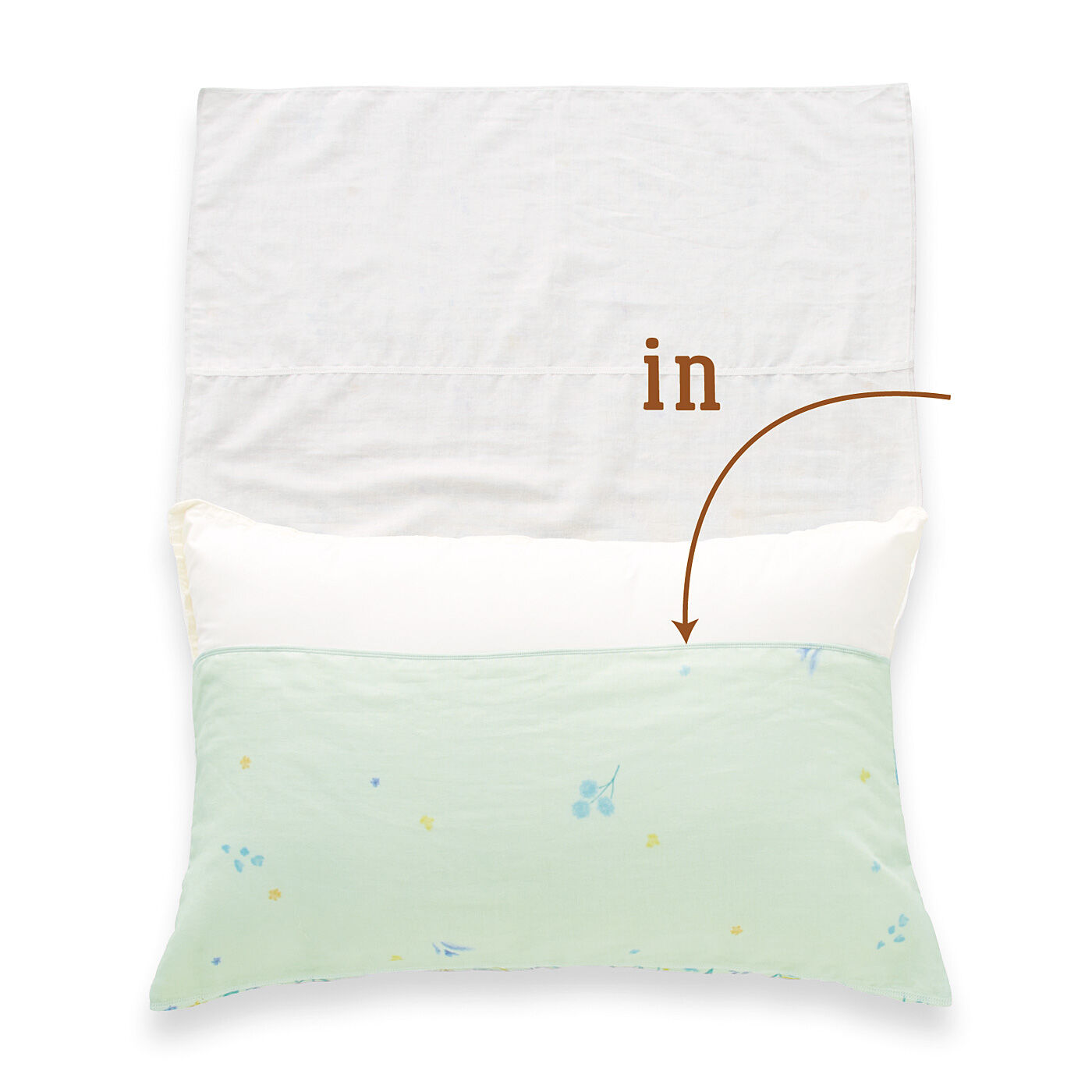 フェリシモの雑貨 Kraso|クーフゥ　枕のサイズに合わせて巻いて使える　素肌にうれしい　ダブルガーゼのラップ枕カバー|how to use 1．枕ポケットに枕を入れます。