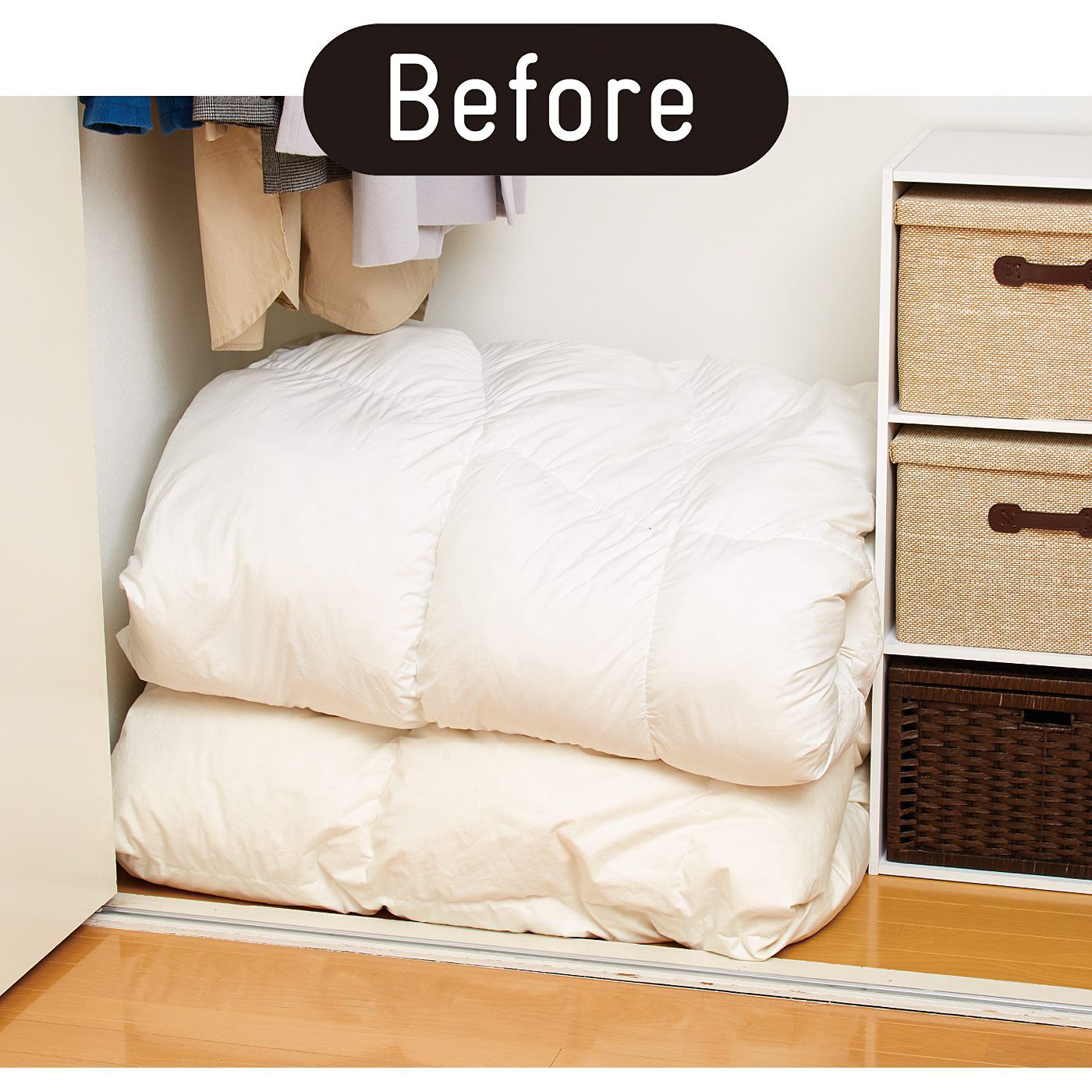 フェリシモの雑貨Kraso|クーフゥ　クローゼットにも収納しやすい　クッションみたいに使える寝具収納カバーの会|クローゼットや押し入れで幅を取る寝具もすっきり収納できます。