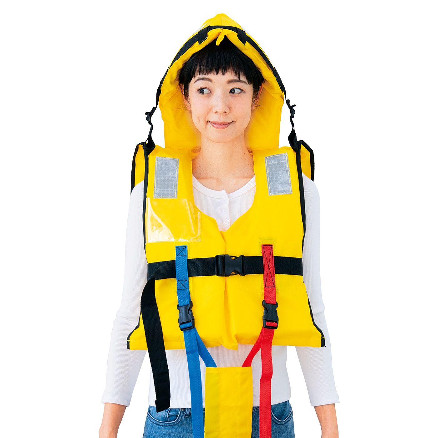防護頭巾付きで頭もガード 水害対策に備えたい ライフジャケット大人用