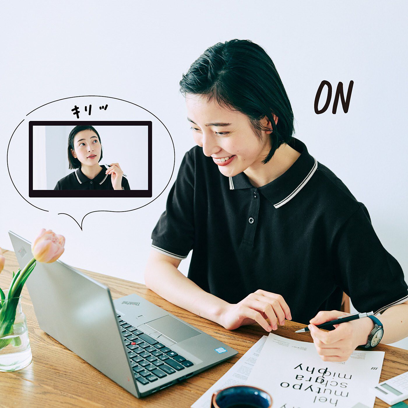 フェリシモの雑貨Kraso［クラソ］|UP.de　衿付きトップスできれい見え　ビデオ会議もこでかけもおまかせセットアップ〈吸水速乾〉の会|着心地はリラックスだけど、画面映りはキリッと。