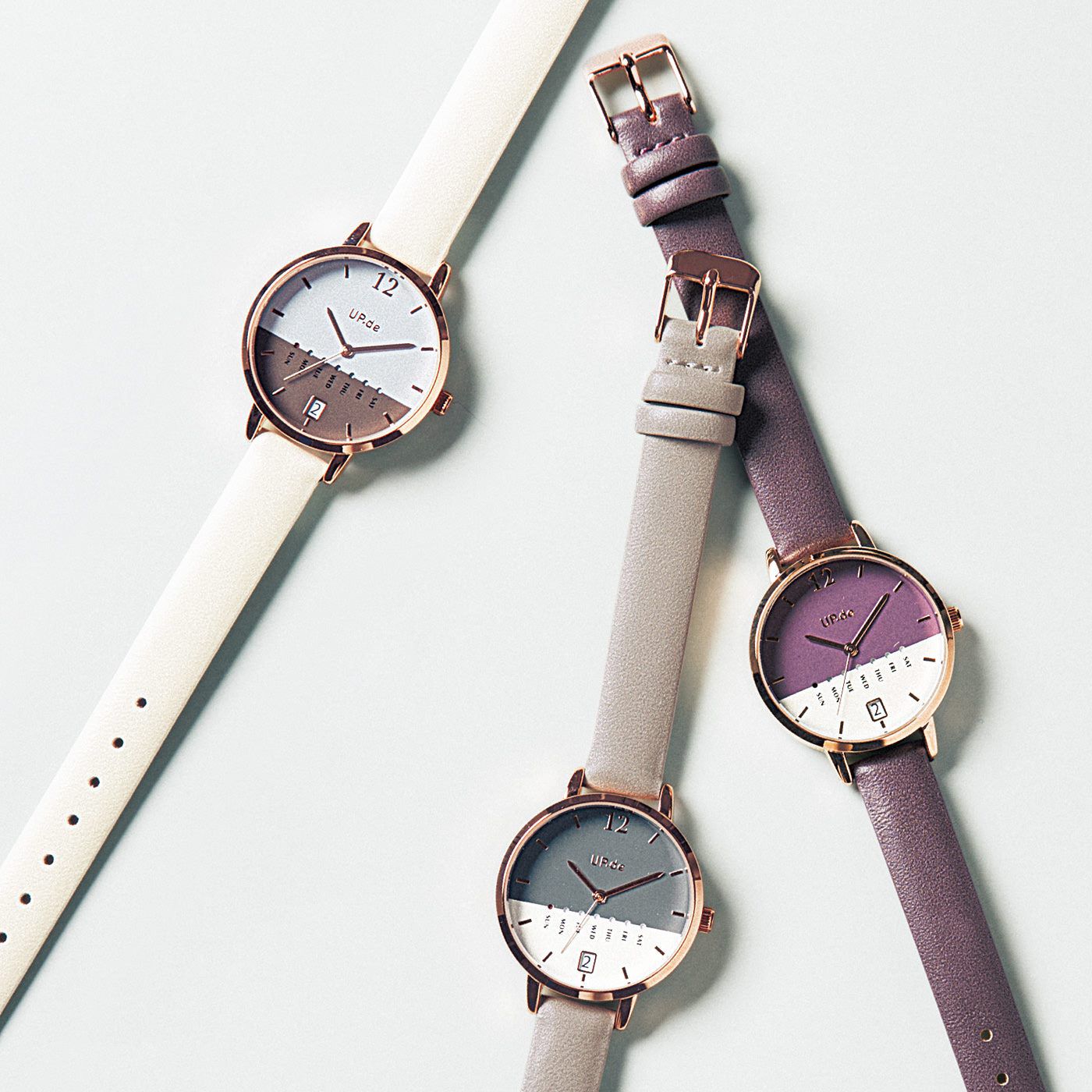 フェリシモの雑貨Kraso|UP.de　曜日と日付がひと目でわかる ニュアンスカラーの2トーンが素敵な腕時計の会