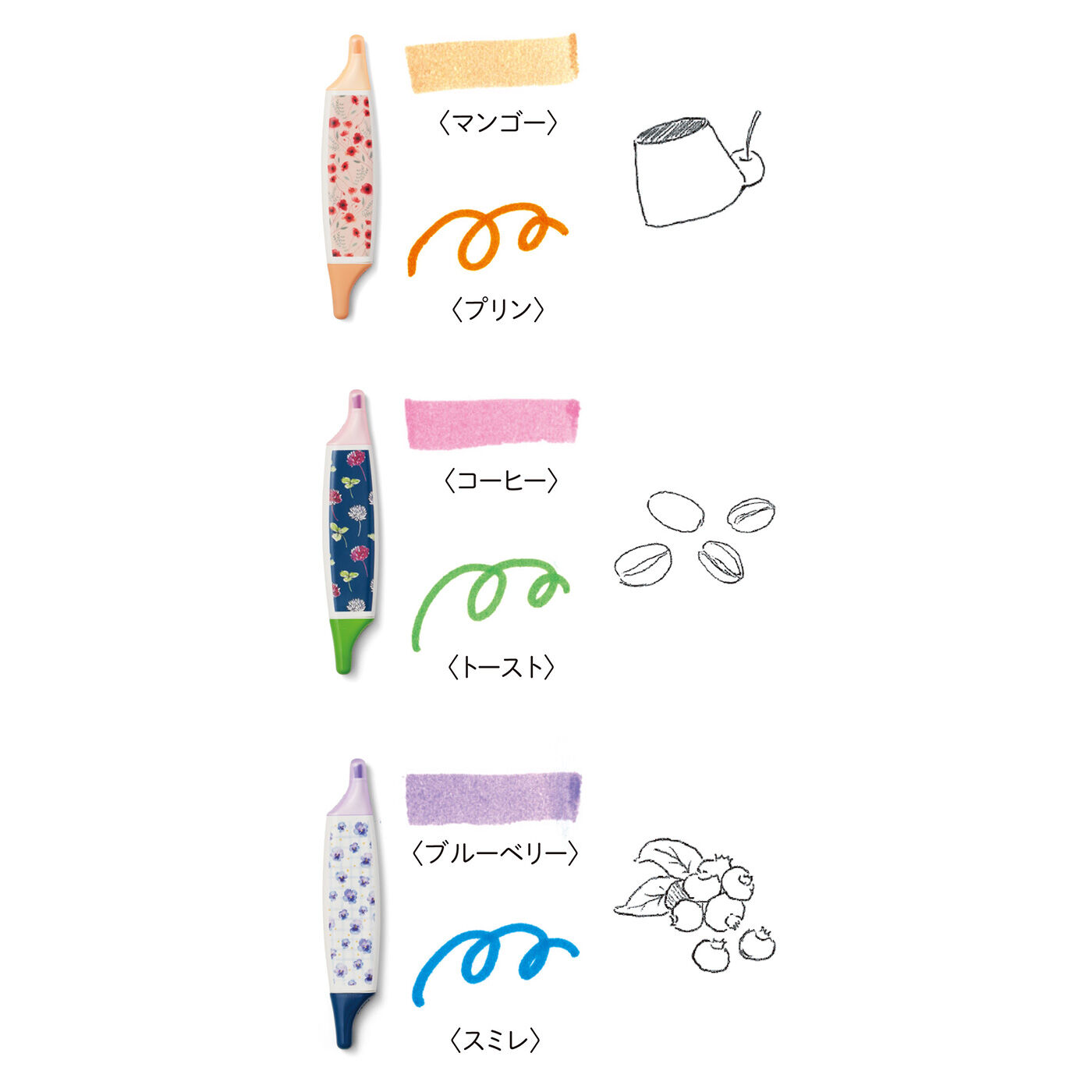 フェリシモの雑貨Kraso|ガラフル　ペンは香り付き♪ 気分ときめくステーショナリーセットの会|香り付きペン　上下で色と香りが違うよ♪