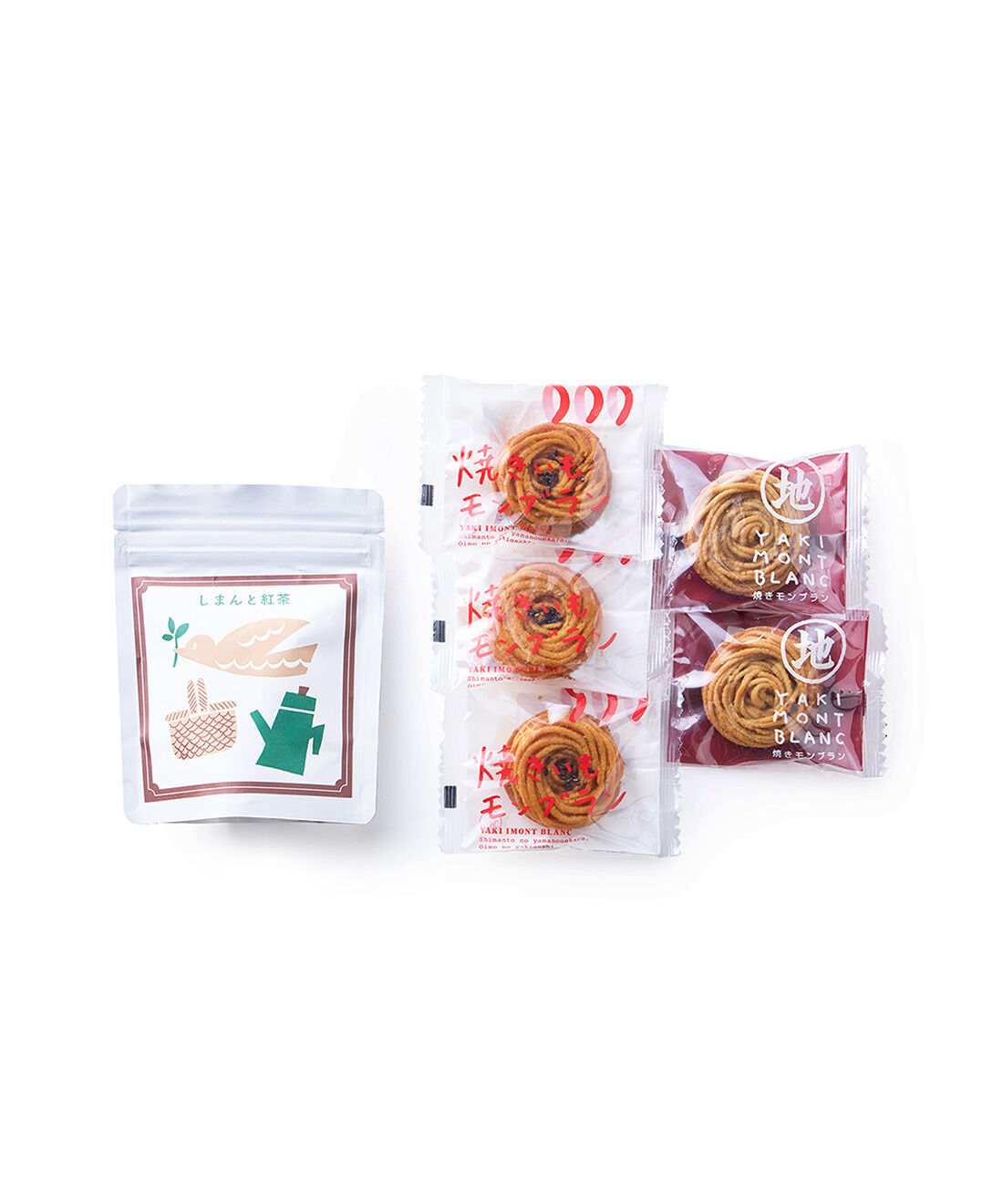 フェリシモの雑貨 Kraso|【12月分・1月分限定申し込み】ミ三３研究室×四万十ドラマ おいしいお茶と楽しいおやつ〈高知編〉の会|●1回のお届けセットです。しまんと紅茶1袋、焼きモンブラン2 個、焼き芋モンブラン3 個 ■原材料名/しまんと紅茶：紅茶（高知産）　焼きモンブラン：栗ペースト(栗（国産）、砂糖）、きび糖、白餡、バター（乳成分を含む）、アーモンドプードル、卵、小麦粉、生クリーム（乳成分を含む）、ラム酒、ブランデー、食塩　焼き芋モンブラン：芋ペースト(さつまいも（国産）、砂糖）、きび糖、白餡、バター（乳成分を含む）、アーモンドプードル、卵、小麦粉、生クリーム（乳成分を含む）、ごま、ラム酒、ブランデー、食塩 ※洋酒について：製造過程でアルコール分を飛ばしています。