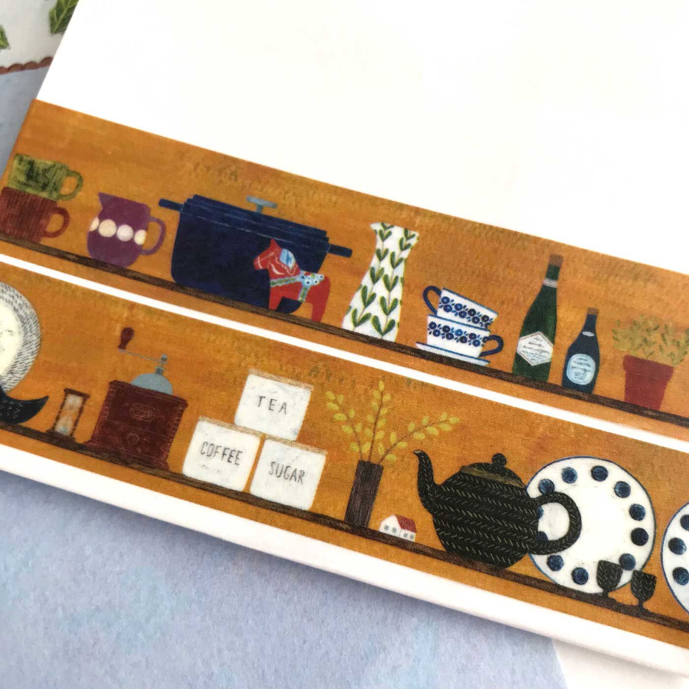 フェリシモの雑貨Kraso|cozyca products  紙もの文具セット〈浅野みどり〉|キッチンの棚がデザインされたマスキングテープ。ポットやカップ、描かれているひとつひとつのモチーフ、どれも、全部ぜんぶかわいい。