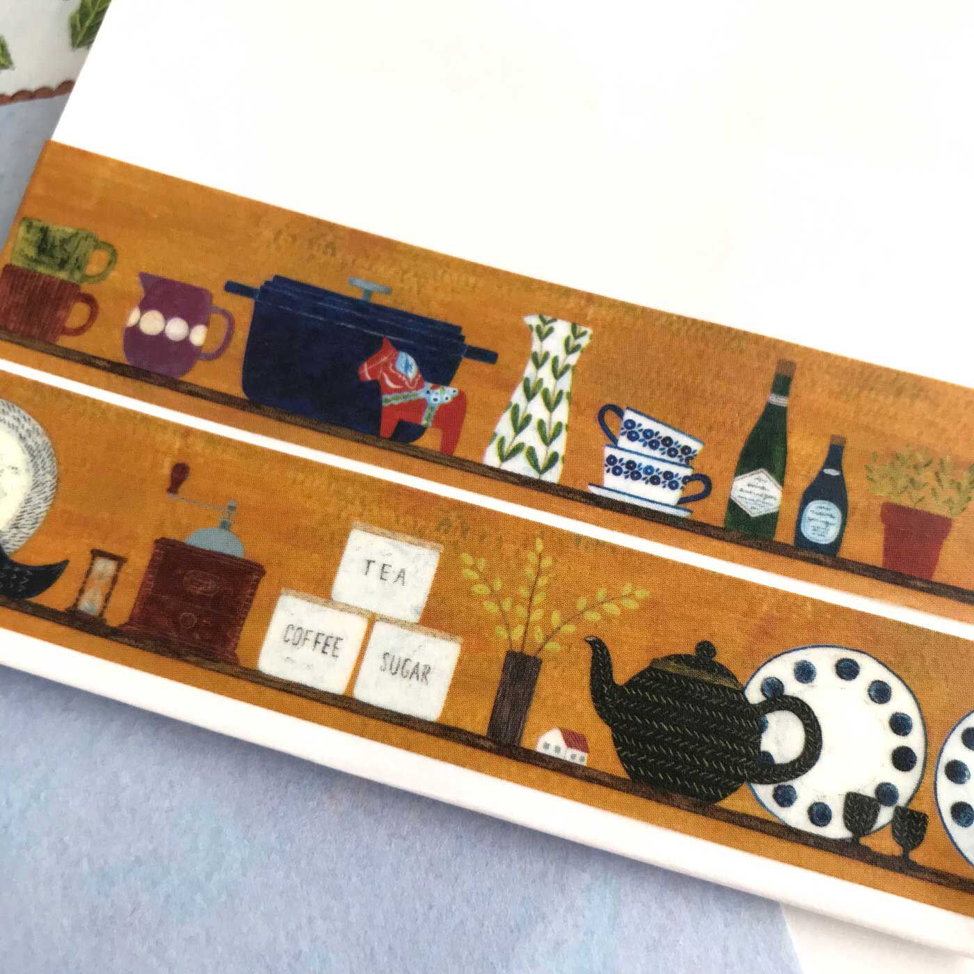 フェリシモの雑貨Kraso［クラソ］|cozyca products  紙もの文具セット〈浅野みどり〉|キッチンの棚がデザインされたマスキングテープ。ポットやカップ、描かれているひとつひとつのモチーフ、どれも、全部ぜんぶかわいい。