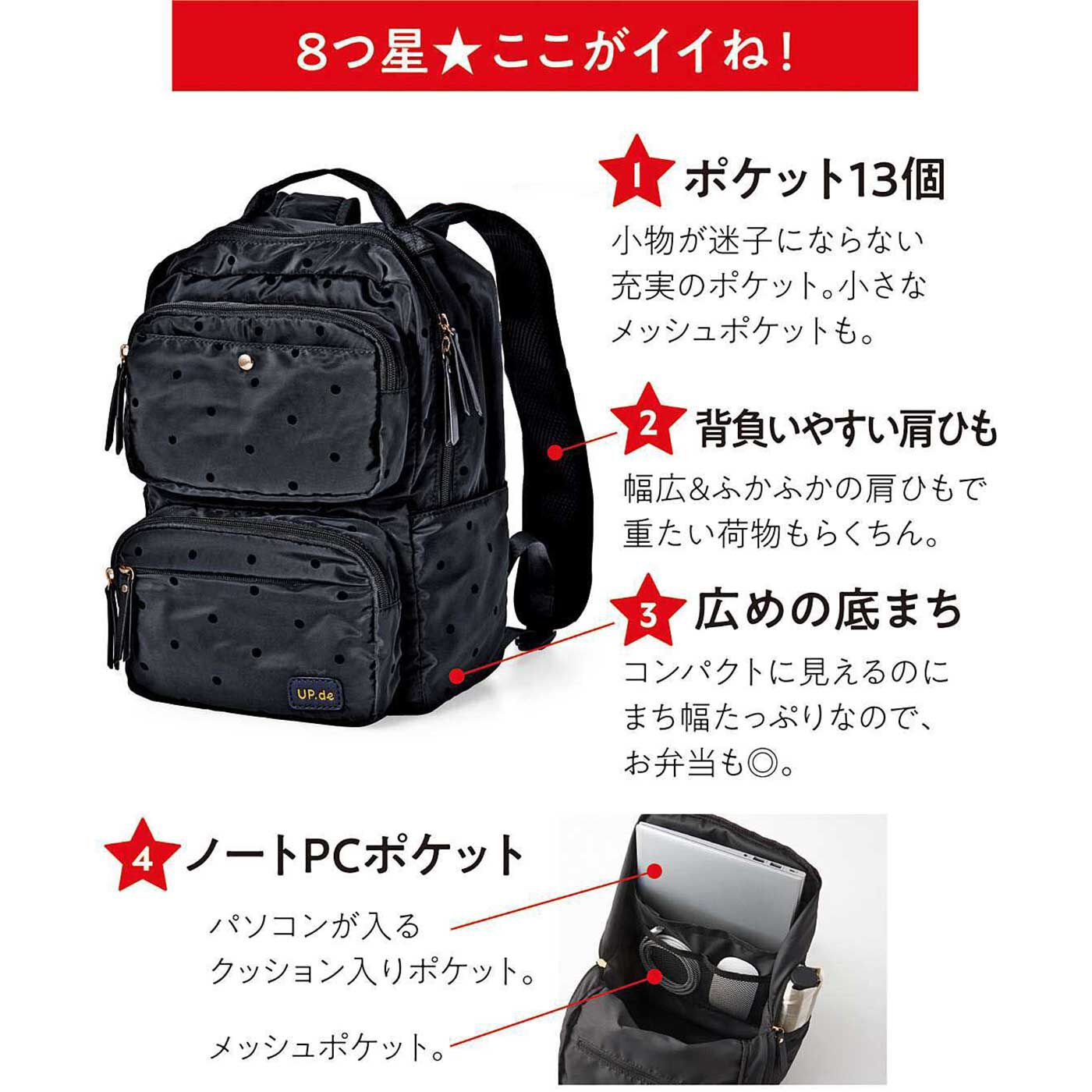 フェリシモの雑貨 Kraso|UP.de　使いやすさ8つ星★ パソコンが入るのにコンパクト見え 大人の黒ドットリュック