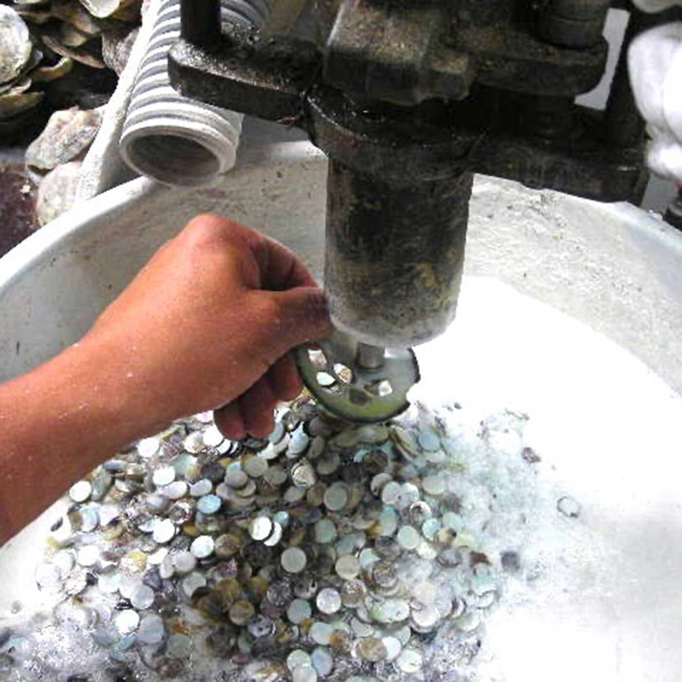 フェリシモの雑貨Kraso|4Nov 奈良の貝ボタンセット〈玉貝1500〉|【工程紹介�A　貝をくり抜く】特殊なキリを使い、水を注入しながらボタンの原型を1個ずつくり抜いていきます。まっすぐくり抜かないときれいな丸にならない上に、貝が割れるとケガをする恐れがあるため慎重な作業になります。
