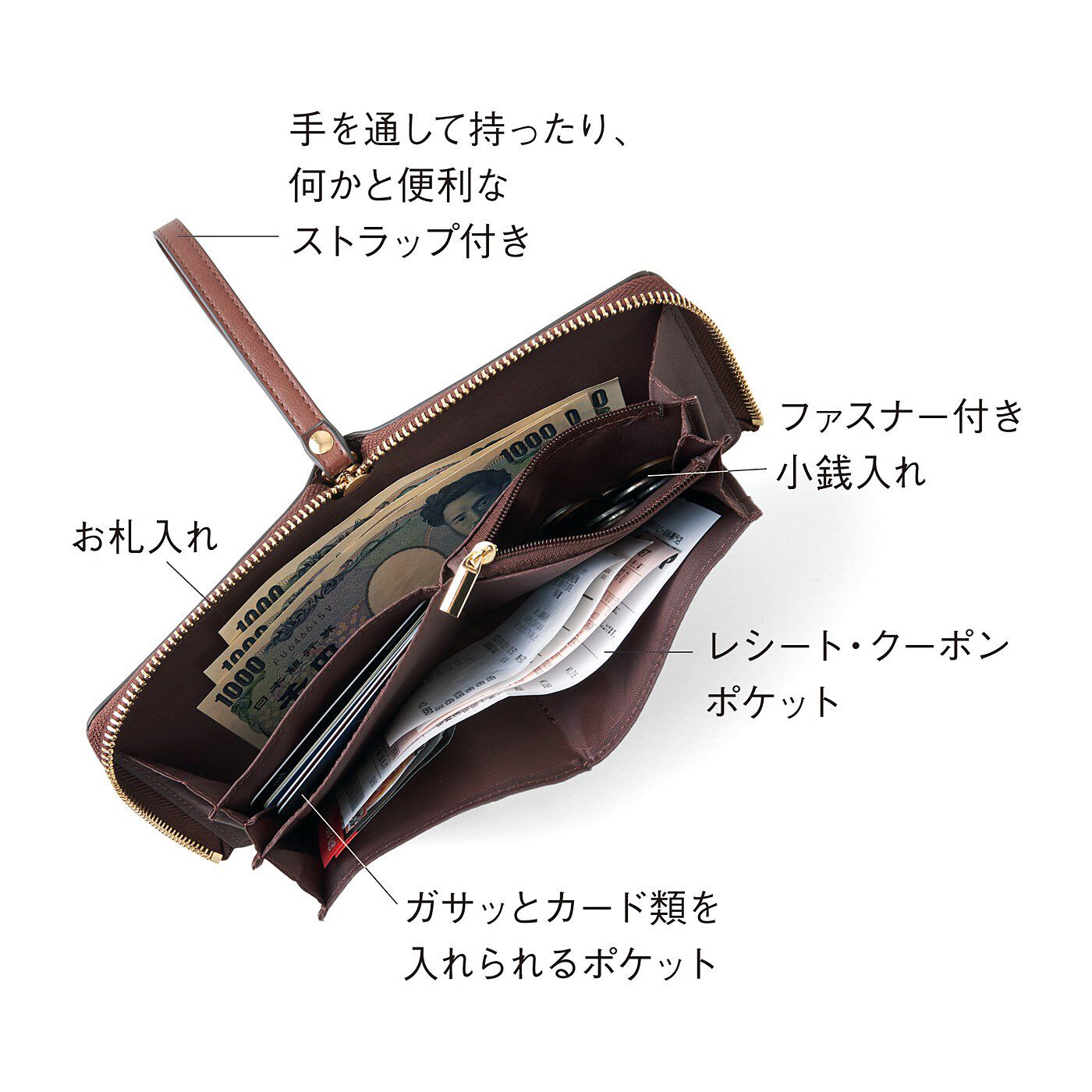 フェリシモの雑貨Kraso［クラソ］|UP.de　がばっと開いてさっと取り出せる　織柄が美しい二つ折り財布の会|パッと開けて一目瞭（りょう）然！