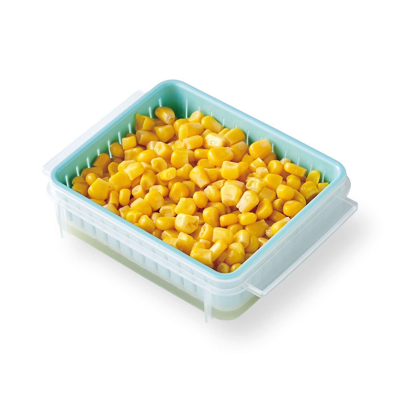 フェリシモの雑貨Kraso［クラソ］|エスキューブキッチンズ　冷凍ご飯もチンしてふっくら ざるが決め手の冷凍レンジ容器の会|缶詰のコーンの水を切って冷凍保存も。