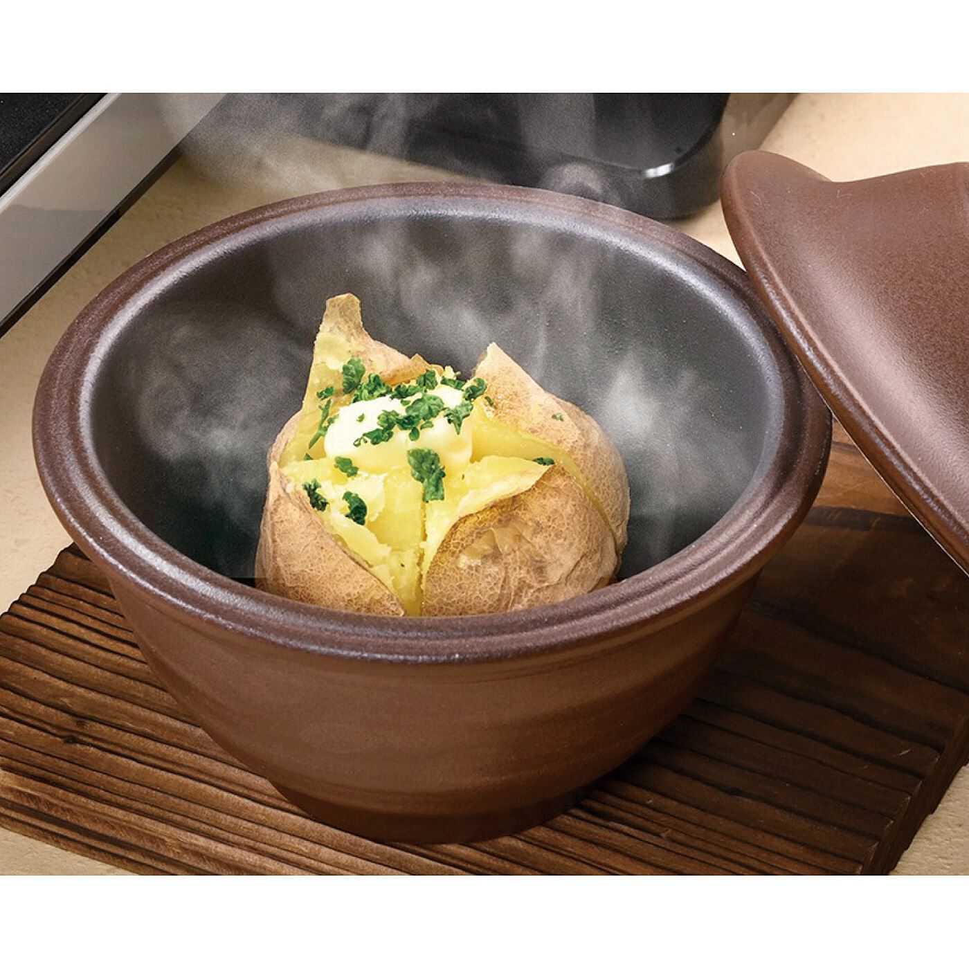 フェリシモの雑貨Kraso［クラソ］|レンジでパパッと作る　小腹がすいたときにうれしい　ちいさな焼きいもポット|じゃがバターや冷凍チャーハンもふっくらおいしく仕上がります。