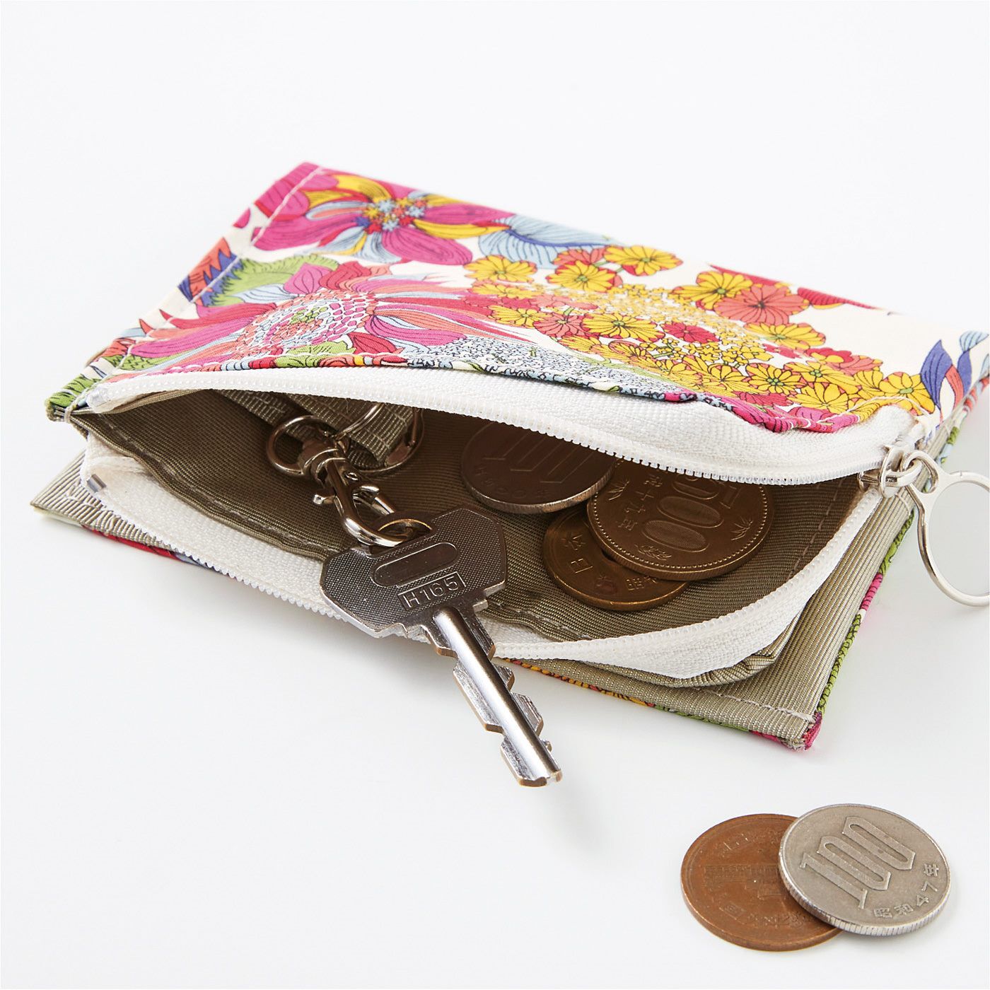 フェリシモの雑貨 Kraso|Squee!　リバティプリント　かぎも付けられる L字ファスナーの二つ折りコンパクト財布の会|L字に開くコインポケットは独立しているので取り出しスムーズ。中にかぎを装着できるナスカン付き。