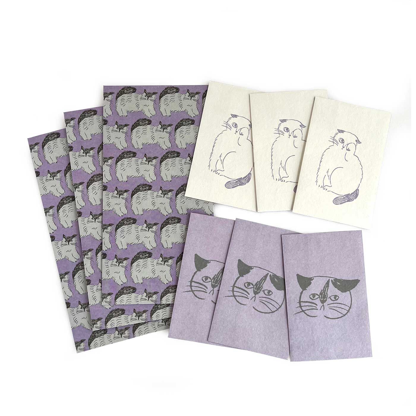 フェリシモの雑貨 Kraso|松尾ミユキ いろいろ使える猫封筒＆猫ぽち袋セットの会|●1回のお届けセット例です。封筒3枚（同柄）、ぽち袋2柄各3枚、合計9枚のセットです。