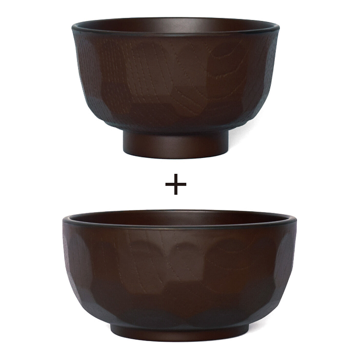 フェリシモの雑貨 Kraso|ナチュラルな暮らし　重ねて収納コンパクト 抗菌塗装の亀甲どんぶり＆汁椀セットの会|〈ダークブラウン〉表面にざらつきのある加工をほどこしています。
