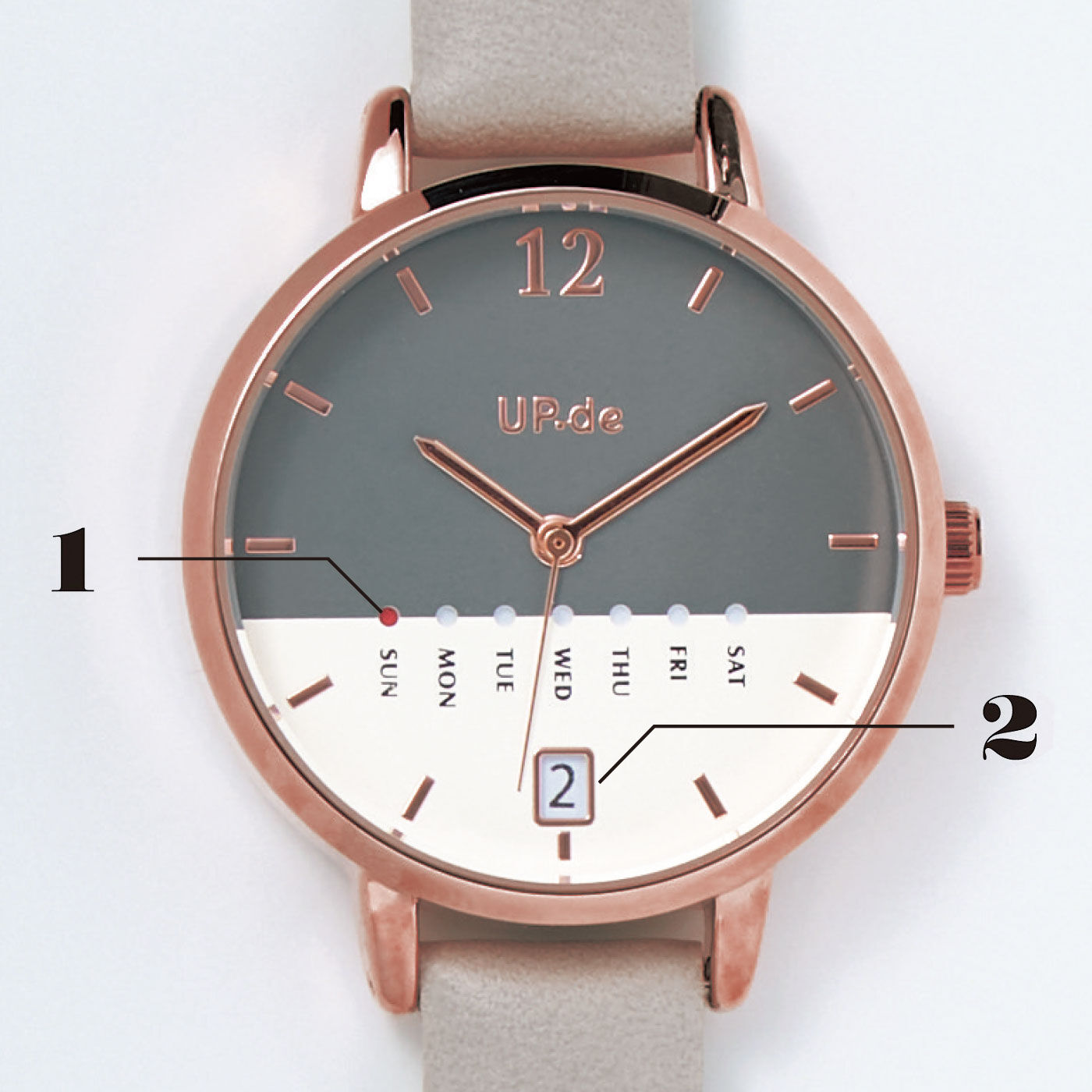 フェリシモの雑貨Kraso|UP.de　曜日と日付がひと目でわかる ニュアンスカラーの2トーンが素敵な腕時計の会|ひと目で確認！　1.曜日を表示　2.日付を表示
