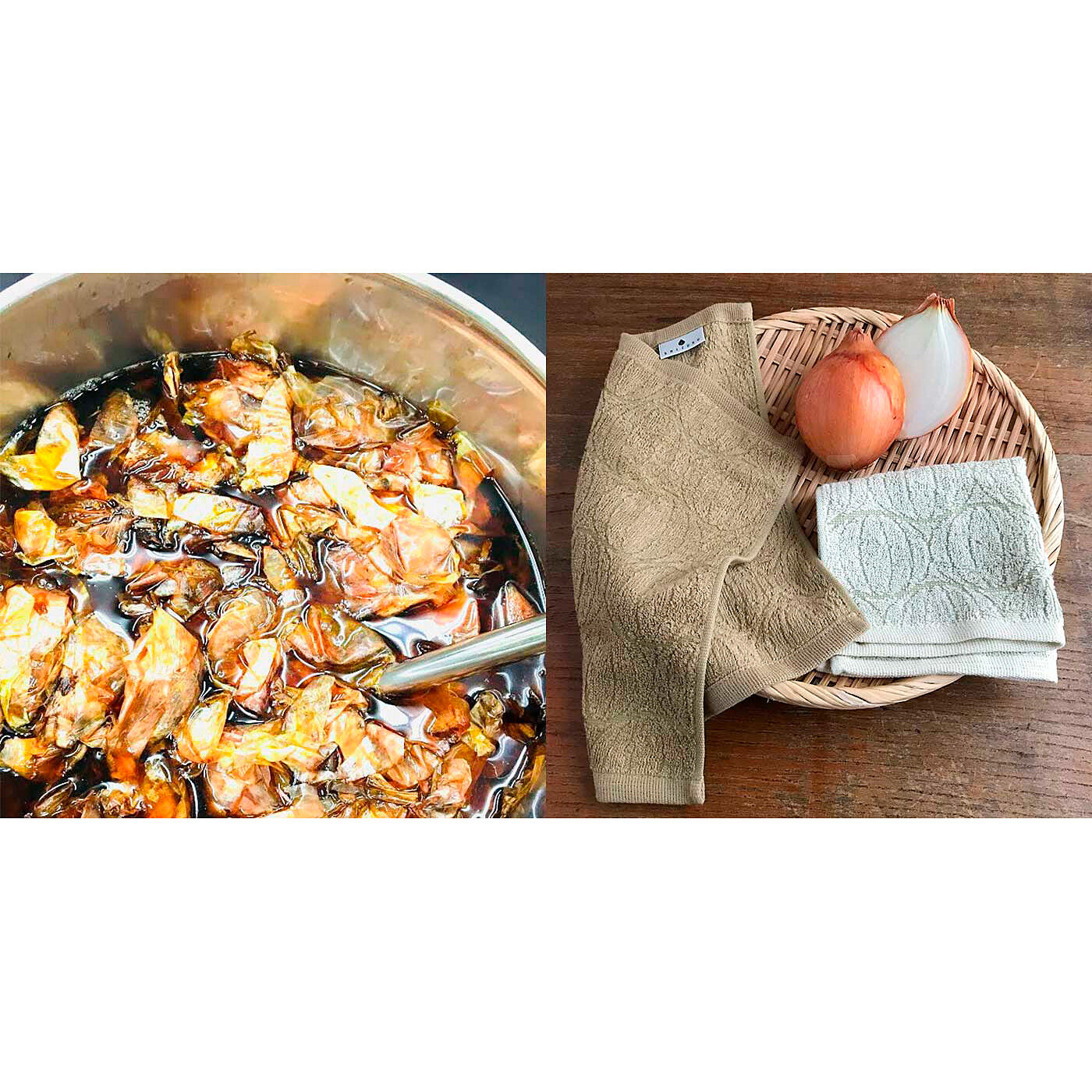 フェリシモの雑貨 Kraso|泉州のこだわりがギュッとつまった　「雫」ハンドタオル２枚セットの会|【たまねぎ染め】ミシュランの星を獲得したお店からご指名を受けるほど、泉州では有名な農家「射手矢農園」。そしてなんと、オーナーの射手矢さんは袋谷さんのご友人。「手をかけておいしい野菜を育てても、形が悪いと流通に乗らない。それはもったいないので、理解してくれるところに……」など生産・販売に関して話をするなか、何か一緒にものづくりをしたいと考えた袋谷さんは、傷がついたり少し色が変わったりして販売に向かないたまねぎを利用して、皮と実に分け2色のタオルを作ることにしたそう！