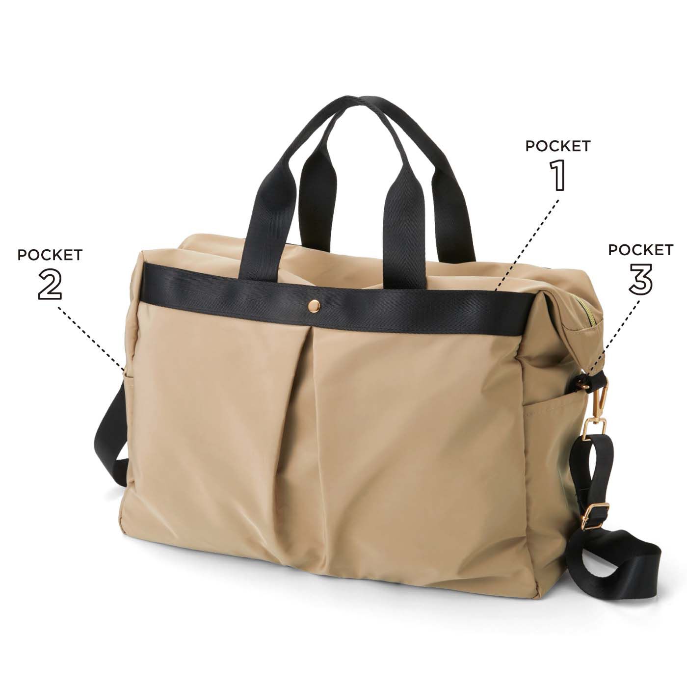 フェリシモの雑貨Kraso|7ポケットで使いやすい 大きめボストンバッグ|大小合わせて7つのポケット付き。