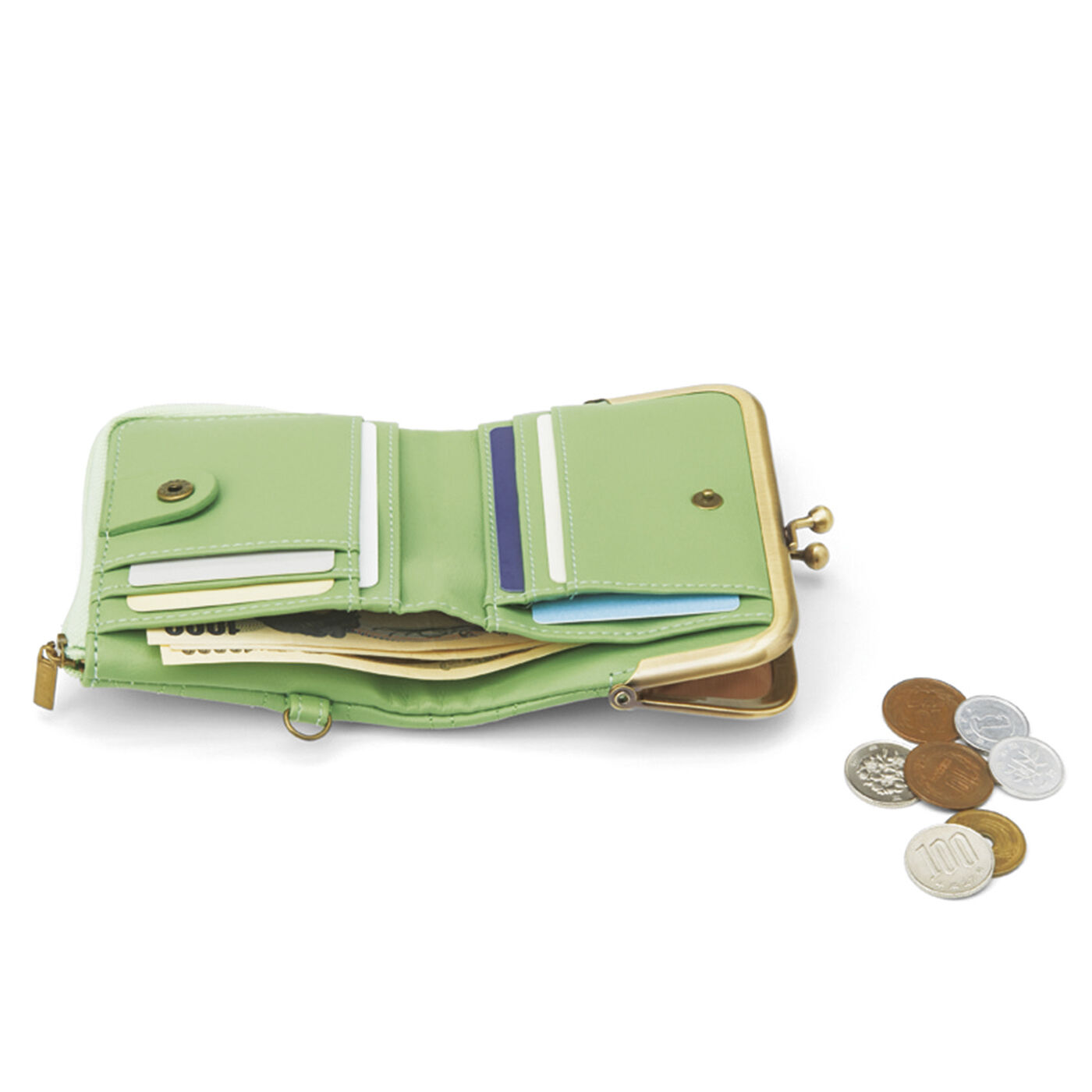 フェリシモの雑貨 Kraso|ハッピーグリーン　シュルっとリール付きがま口手のり財布|小さくても必要なカードや現金はしっかり入ります。