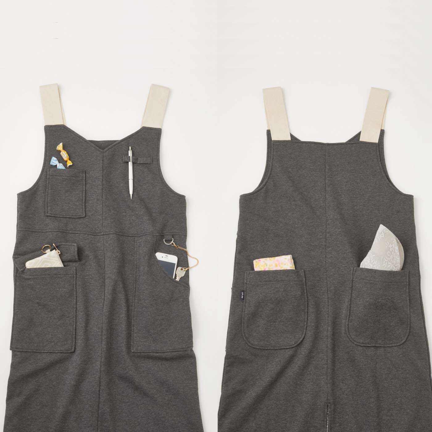 フェリシモの雑貨 Kraso|UP.de　着られるバッグ 身軽にお出かけポケットいっぱいカットソーサロペットスカートの会|5つのポケットを機能的に配置