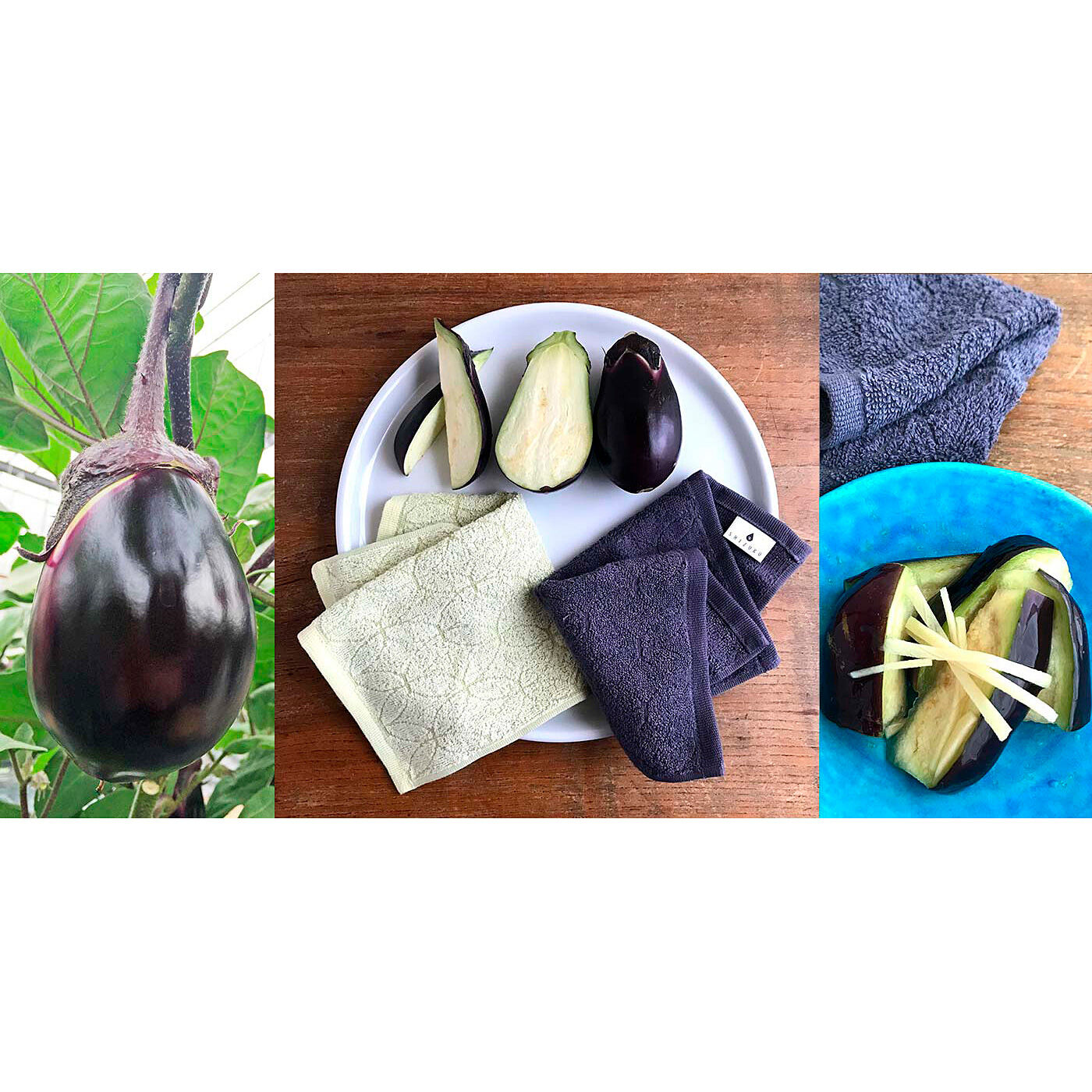 フェリシモの雑貨 Kraso|泉州のこだわりがギュッとつまった　「雫」ハンドタオル２枚セットの会|【水なす染め】水なすは生で食べてもおいしいけれど、泉州と言えば「水なすの漬物」が有名。染料には、”泉州特産　水なす漬け本舗”マコト商店さんの「水なすの浅漬け」用の水なすの生産者さんの「形が悪くて販売に向かない」とされたものを使用。皮と実に分け、紫と薄黄色の2色を作っています。
