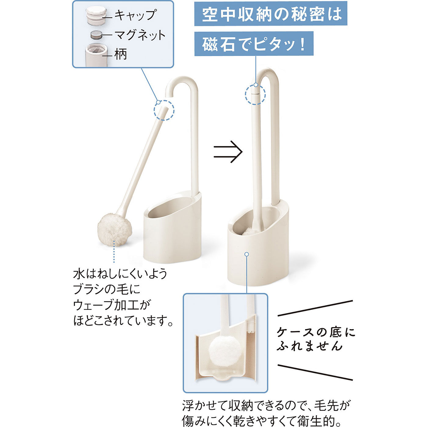 フェリシモの雑貨 Kraso|掃除あとの水だれのお悩み解決！　磁石で浮かせて収納できるトイレブラシ