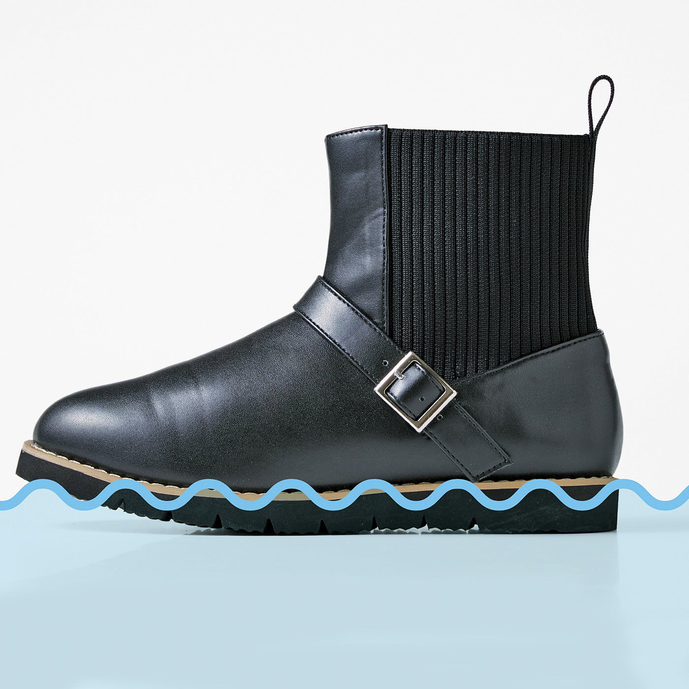 フェリシモの雑貨Kraso|UP.de　ベルトが上品見え　ニット遣いで着脱らく　防水仕様ブーツ〈ブラック〉|生活防水仕様で雨の日も安心。
