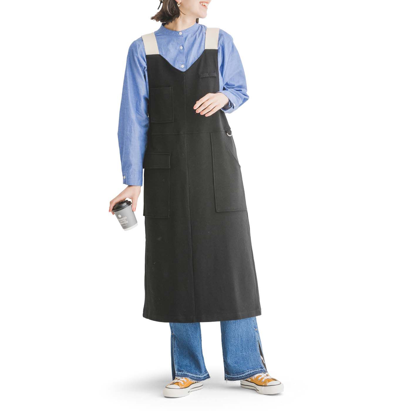 フェリシモの雑貨 Kraso|UP.de　着られるバッグ 身軽にお出かけポケットいっぱいカットソーサロペットスカートの会|身長167cm　サイズM着用