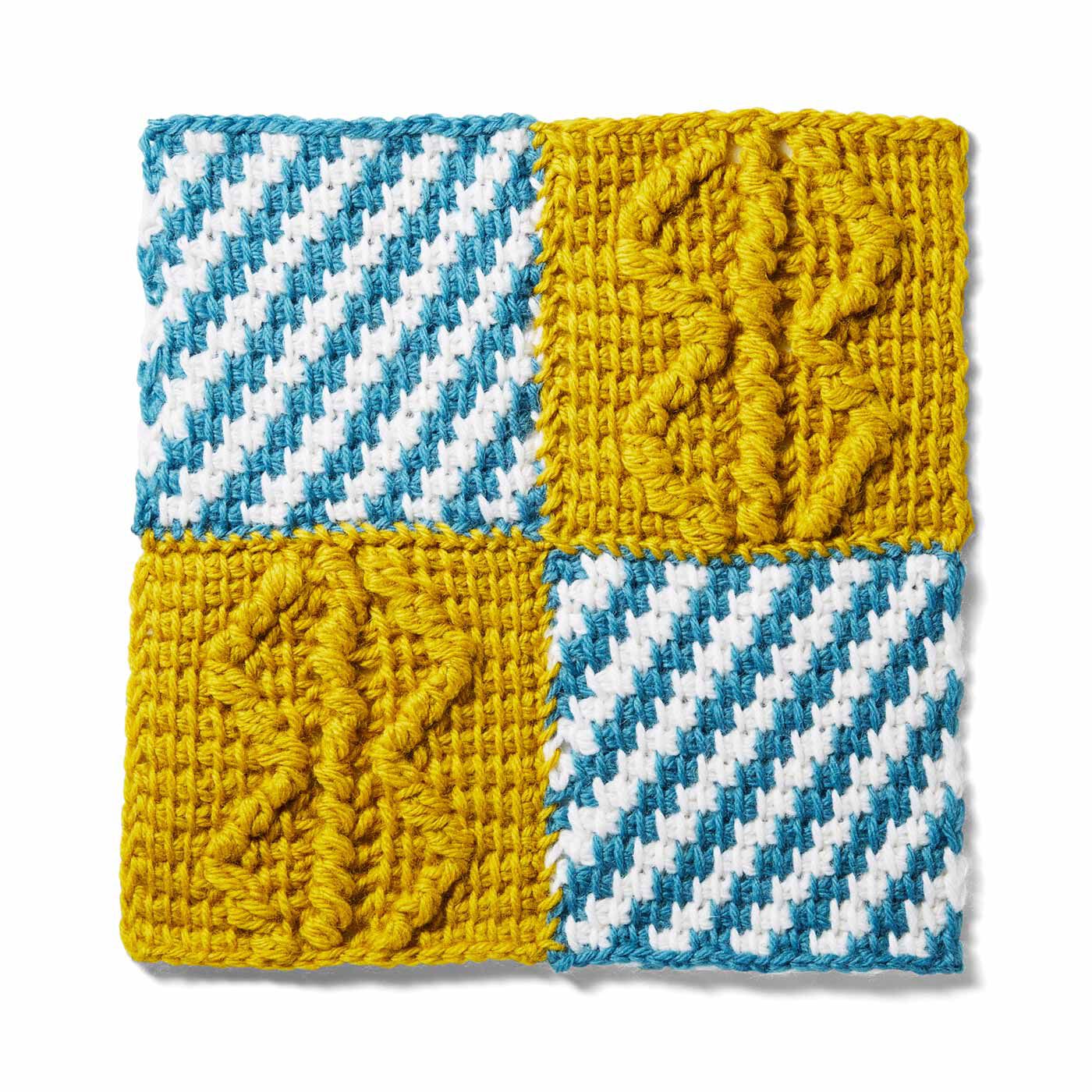 クチュリエ|ぽってり編み地がなつかしいアフガン編みのサンプラーの会|ブルーのレジメンタル模様