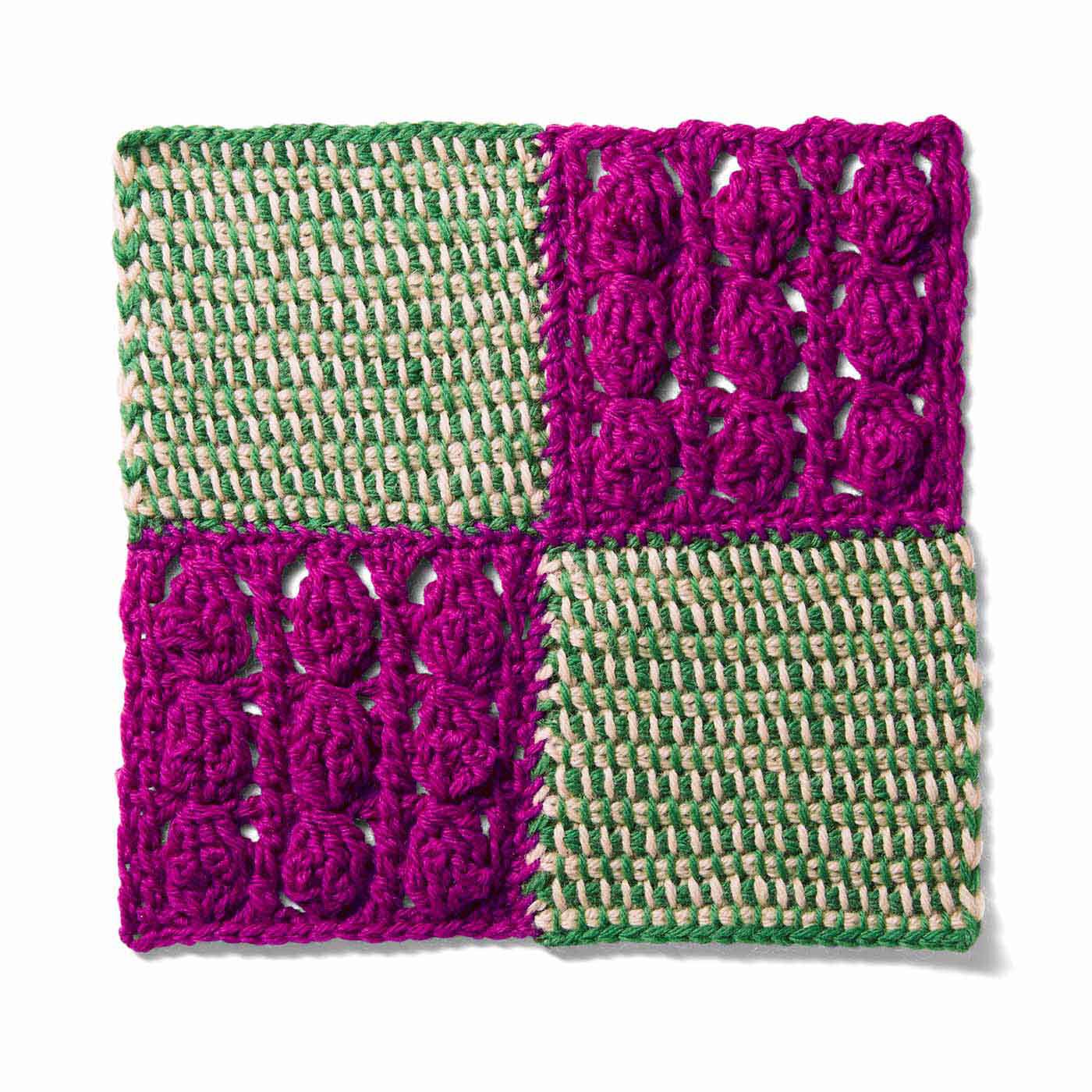 クチュリエ|ぽってり編み地がなつかしいアフガン編みのサンプラーの会|赤紫の大きな丸模様
