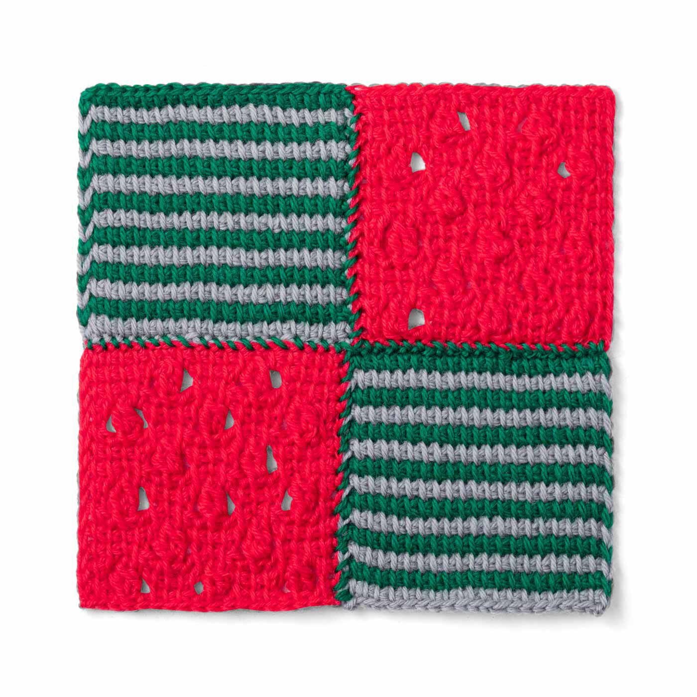 クチュリエ|ぽってり編み地がなつかしいアフガン編みのサンプラーの会|ネオンレッドの玉編み