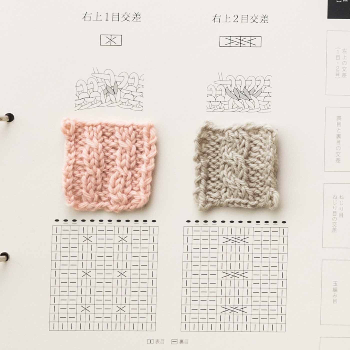 Couturier[クチュリエ]|【初回特別価格　6回エントリー】「はじめてさんのきほんのき」棒針編みアラン模様レッスンの会|5cm角の編み地は一緒に届く台紙に貼って。バインダーでファイリングすると自分だけの見本帳のできあがり。