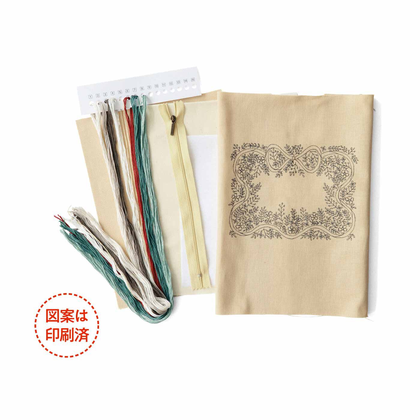 Couturier[クチュリエ]|【6月分以降お届け】多彩な色で魅せる豊かな世界 植物をぎゅっと詰め込んだ 刺しゅうポーチの会|●1回分のお届けキット例です。図案は印刷済みです。たくさんの色の糸をセットしてお届けします。