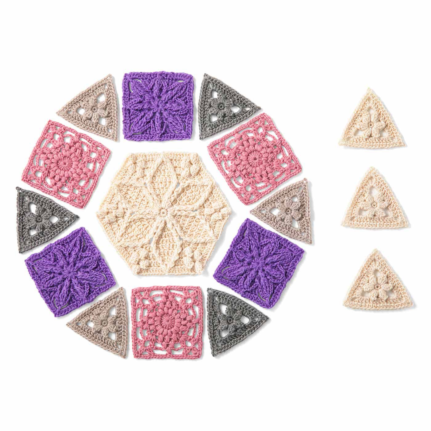 クチュリエ|多角形をつないで彩るハーモニー　かぎ針編みモチーフの会|1回のお届けで、4種類のモチーフ編みと、多角形を編んでつなぐ楽しさを満喫。