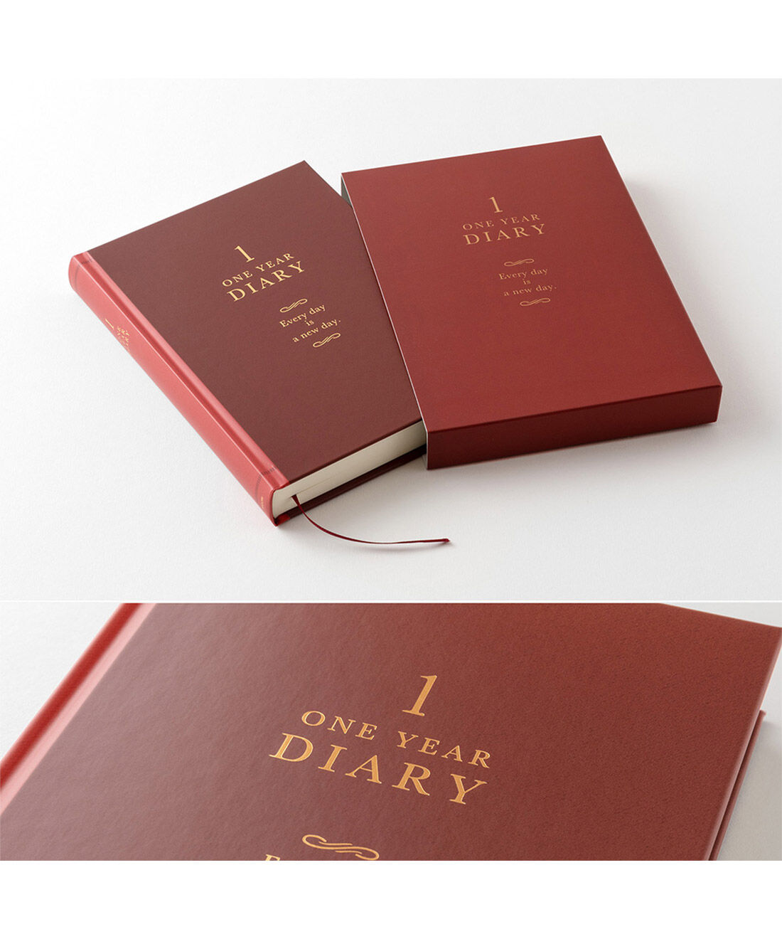 ミニツク|便利なタイトル欄付き　１日１ページ日記洋書風〈赤〉|紙製ケースに入っており、長期保管にも適したしっかり厚みのある表紙。