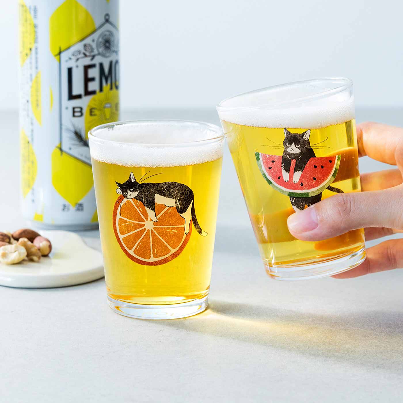 フェリシモメリー|猫部 フレッシュフルーツとハチワレ猫のペアグラス|ビールを注いで乾杯するのも◎