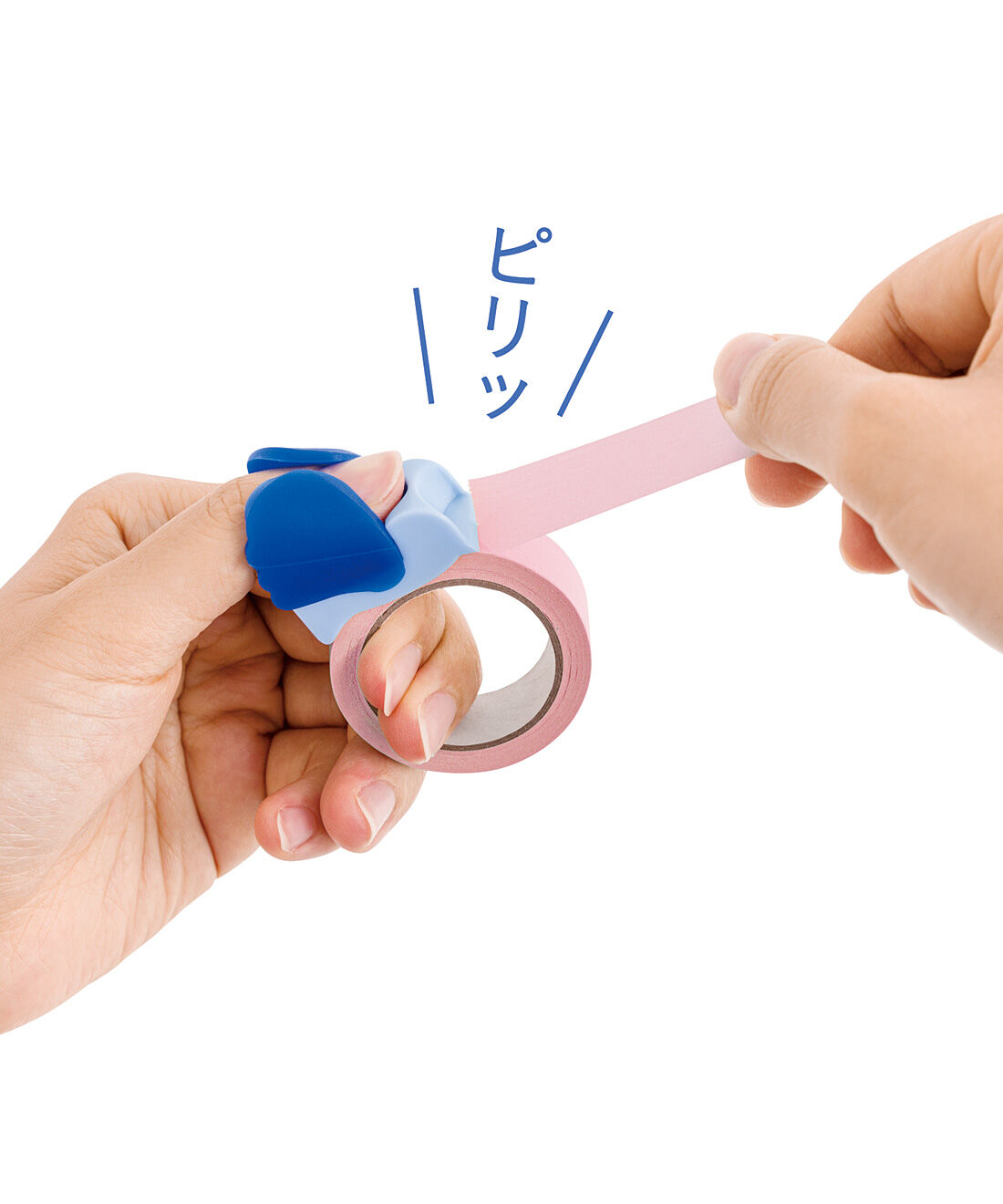 フェリシモメリー|ミニツク　ついばむように簡単カット　しあわせの青い小鳥マスキングテープカッター|親指にカッターを装着、鳥のくちばし部分でテープを押さえたら、簡単にキレイにカットできます！