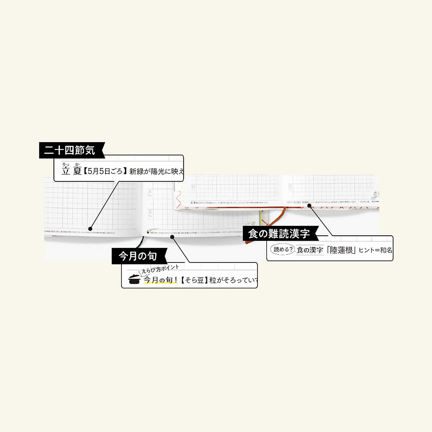 MonthlyBOX|いつも一緒の小さなフェリシモ手帳「コンパクト」 A6サイズ|二十四節気や今月の旬食材情報、食の難読漢字など読んで楽しいコンテンツが。