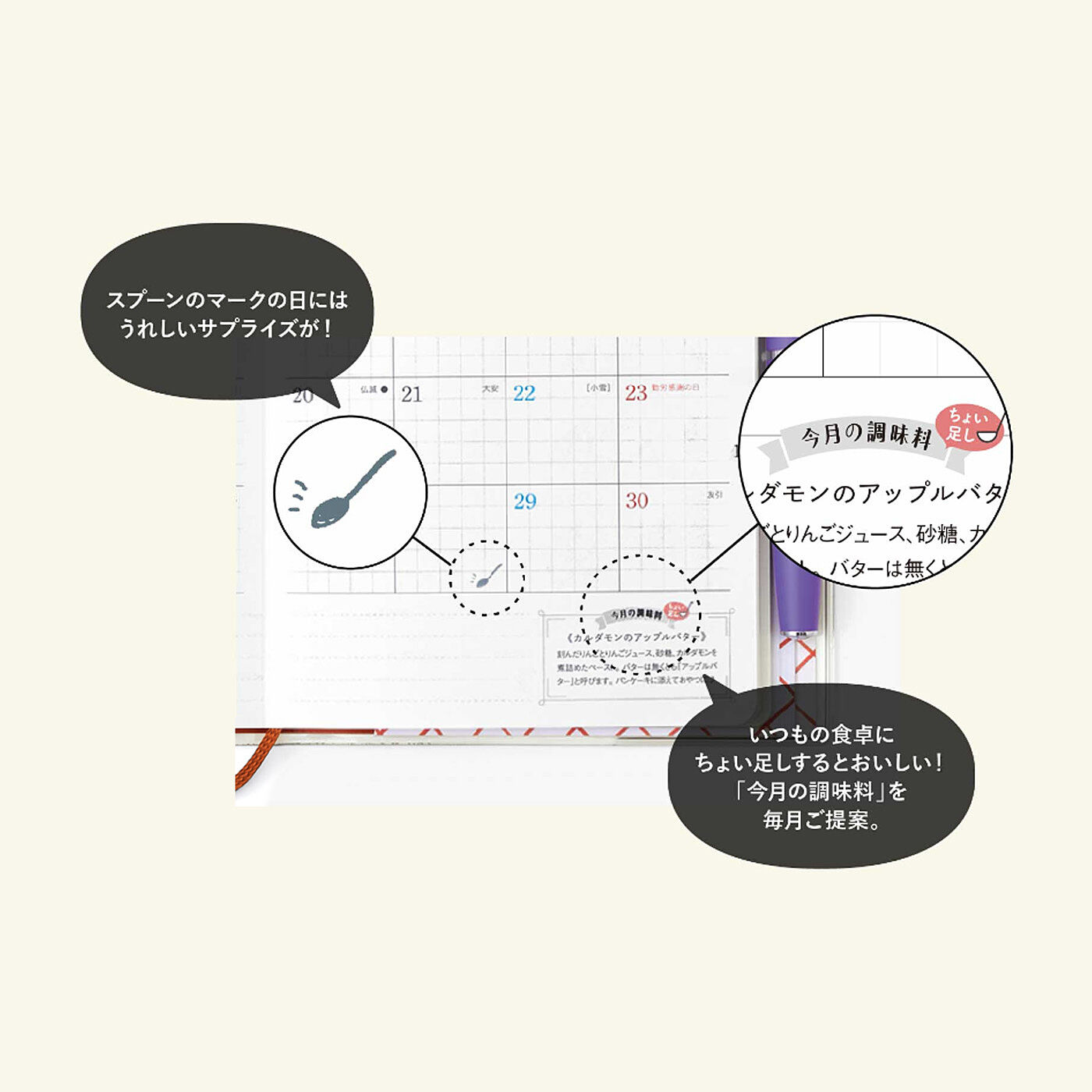 MonthlyBOX|たっぷり書きたい大きなフェリシモ手帳 「ログ」 A5サイズ|いつもの食卓にちょい足しするとおいしい「今月の調味料」を毎月ご提案。スプーンマークの日は手帳の中にある二次元バーコードを読み込むとうれしいサプライズが……！