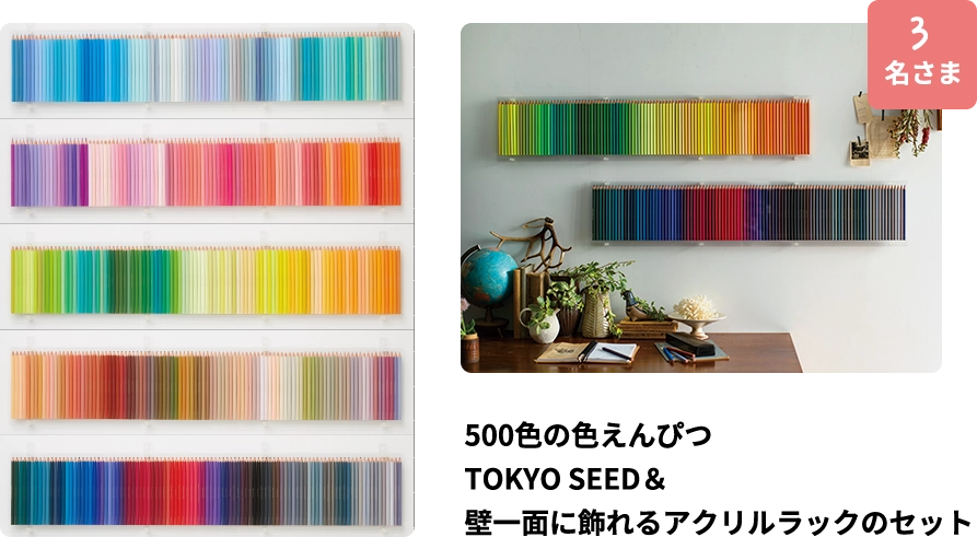 500色の色えんぴつTOKYO SEED＆壁一面に飾れるアクリルラックのセット - 3名さま