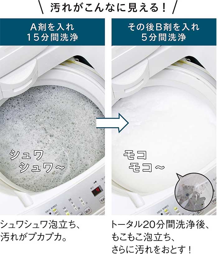 汚れがこんなに見える！A剤を入れて洗浄後にB剤で洗浄