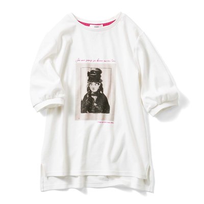  Live love cottonプロジェクト IEDIT[イディット] 近代美術の創始者マネが描いたチャーミングなベルト・モリゾをあしらったパフスリーブアートTシャツ〈ホワイト〉【送料無料】
